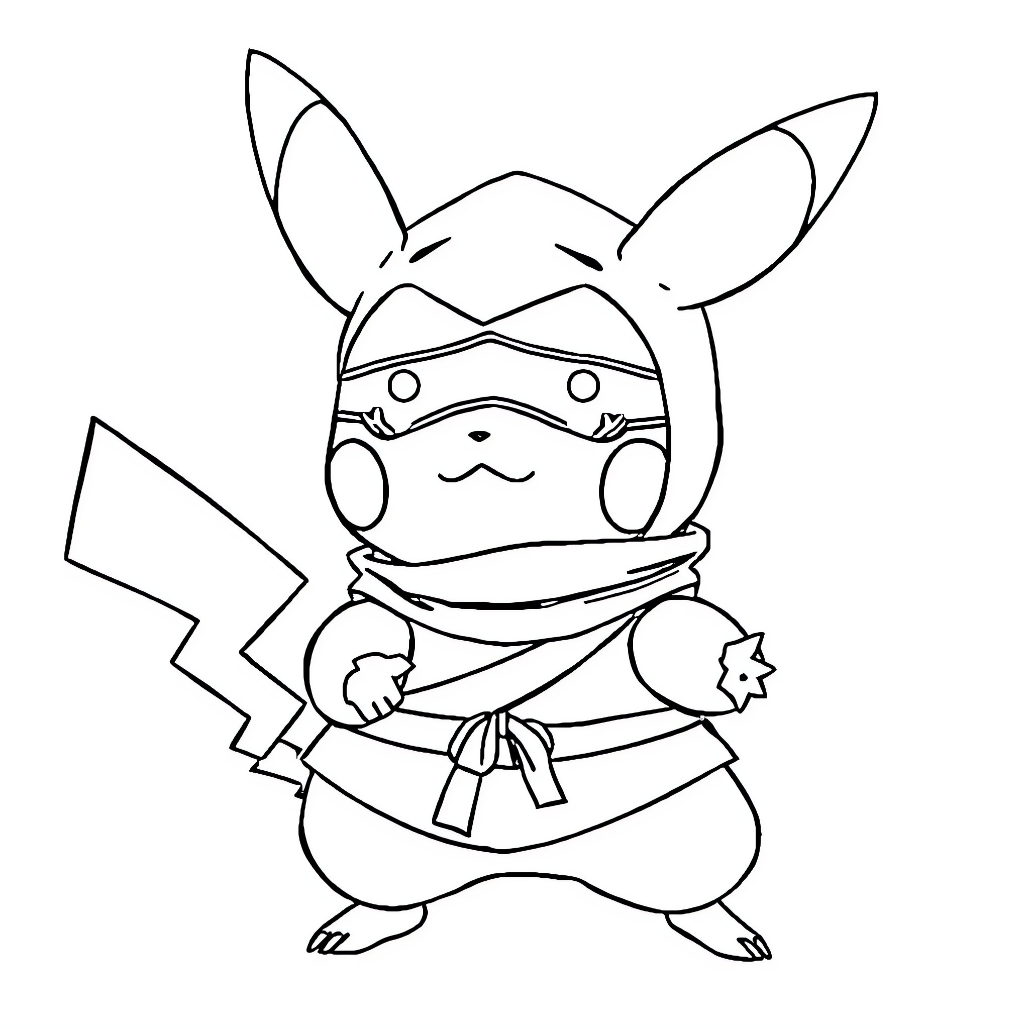 Pikachu dressed as a ninja Coloring Page (free black-and-white line drawing printable PDF for all, from beginners to advanced learners, including children, teens, adults, and seniors)