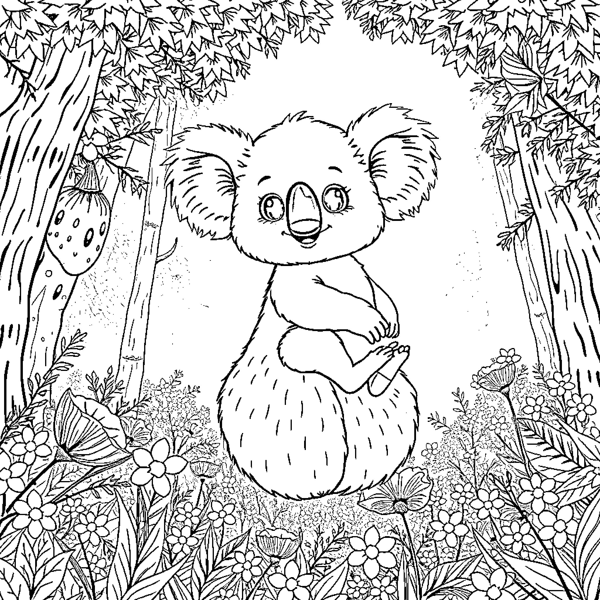 Baby Koala in Floral Forest Coloring Page (free black-and-white line drawing printable PDF for all, from beginners to advanced learners, including children, teens, adults, and seniors)