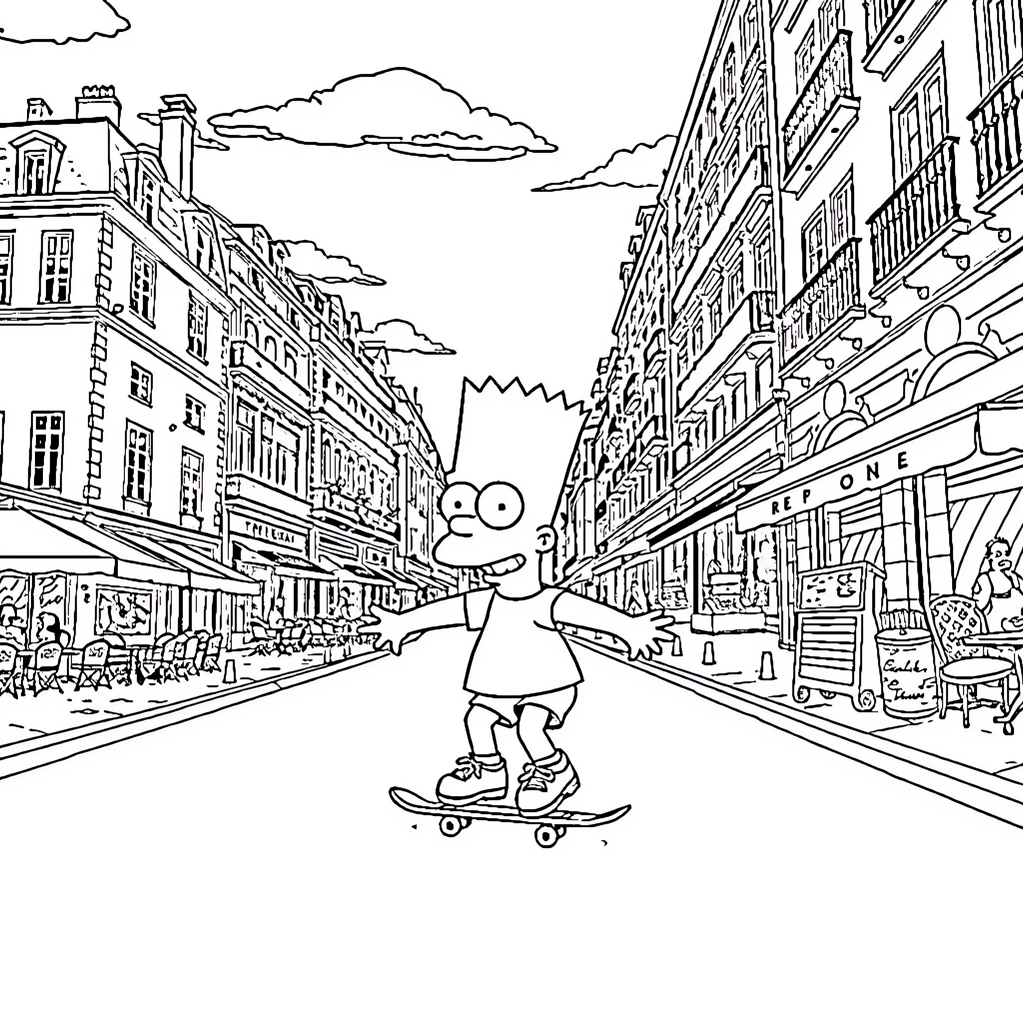 Bart Simpson skateboarding through the city streets Coloring Page (free black-and-white line drawing printable PDF for all, from beginners to advanced learners, including children, teens, adults, and seniors)