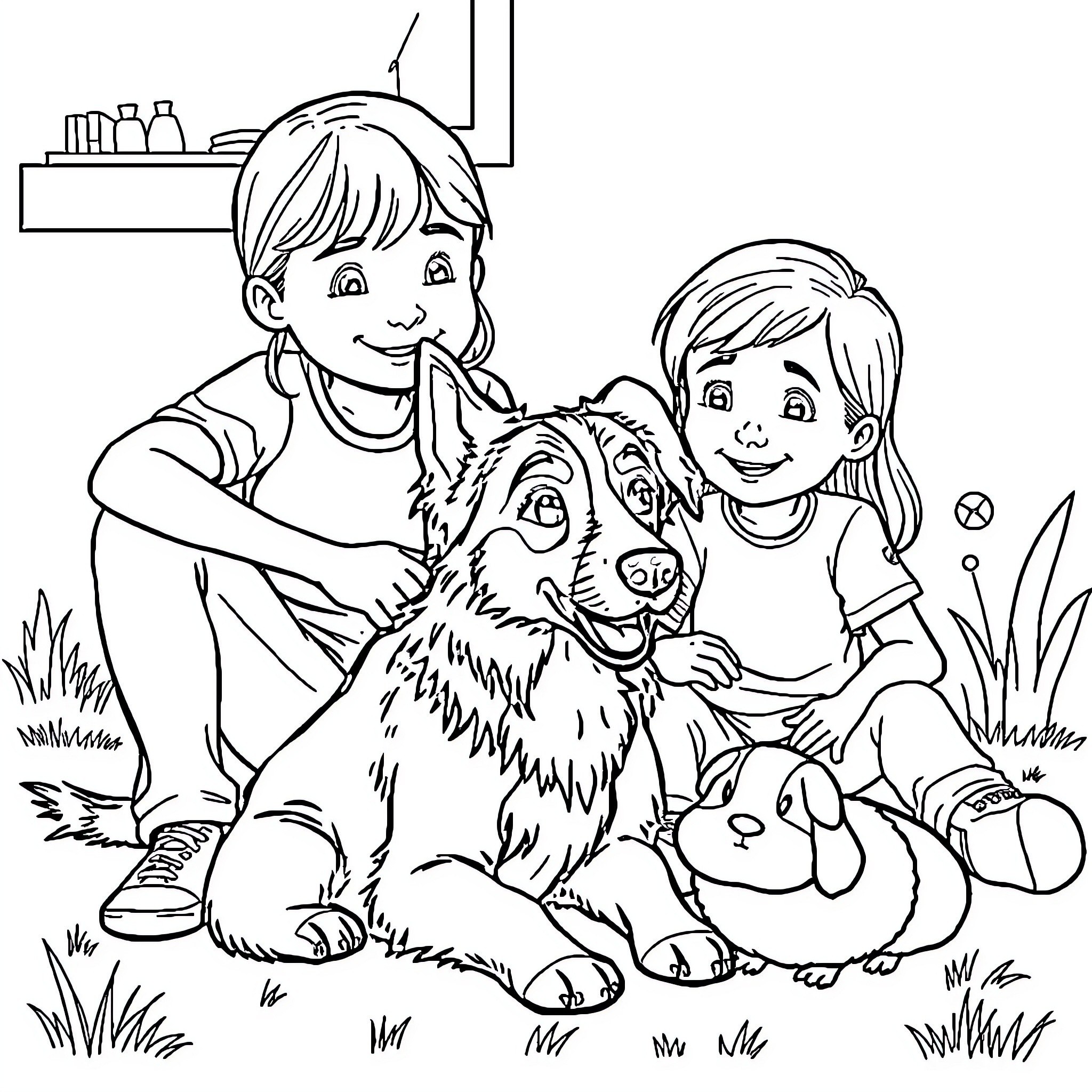 Child playing with dog and toys in the yard Coloring Page (free black-and-white line drawing printable PDF for all, from beginners to advanced learners, including children, teens, adults, and seniors)