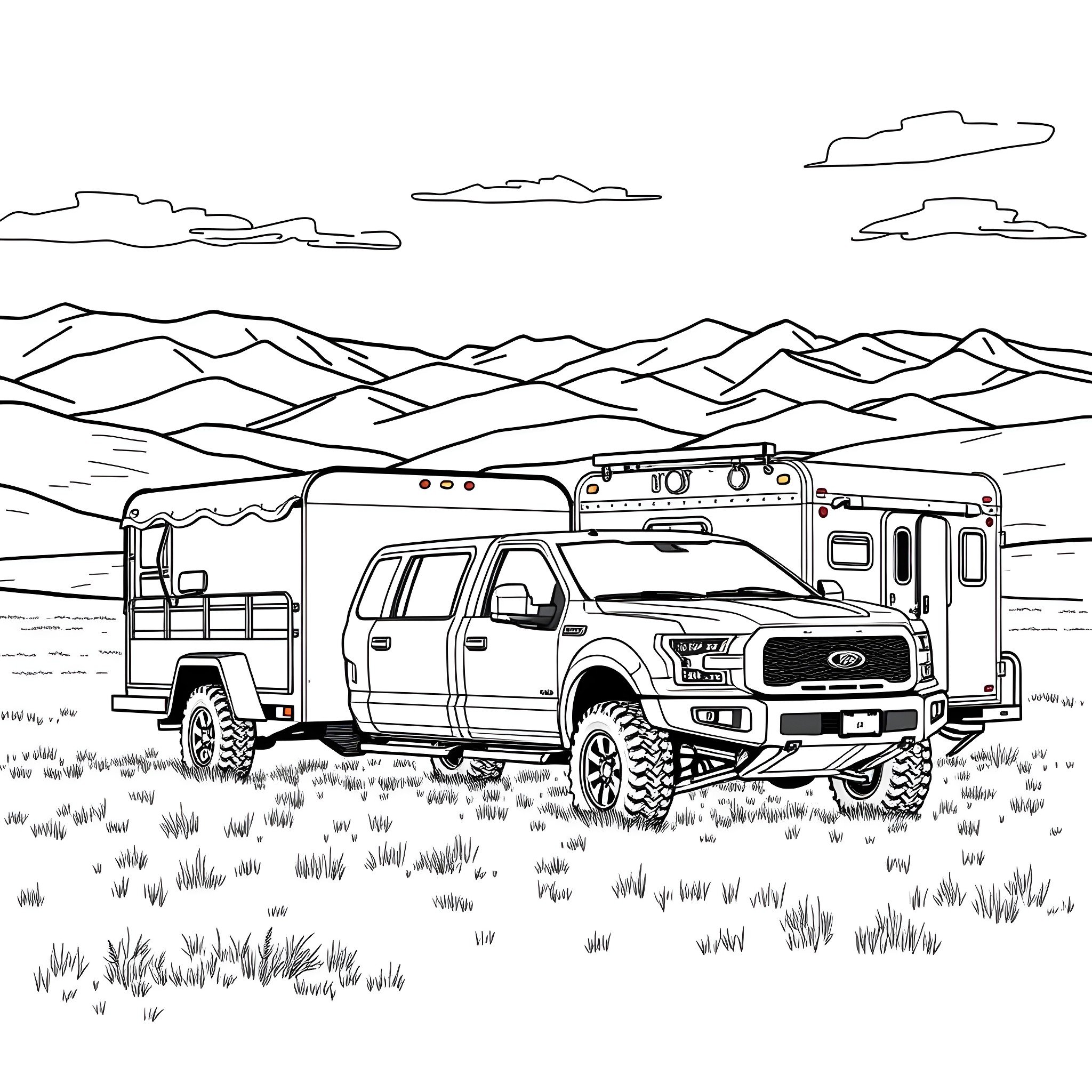 Pickup truck camping in the mountains Coloring Page (free black-and-white line drawing printable PDF for all, from beginners to advanced learners, including children, teens, adults, and seniors)