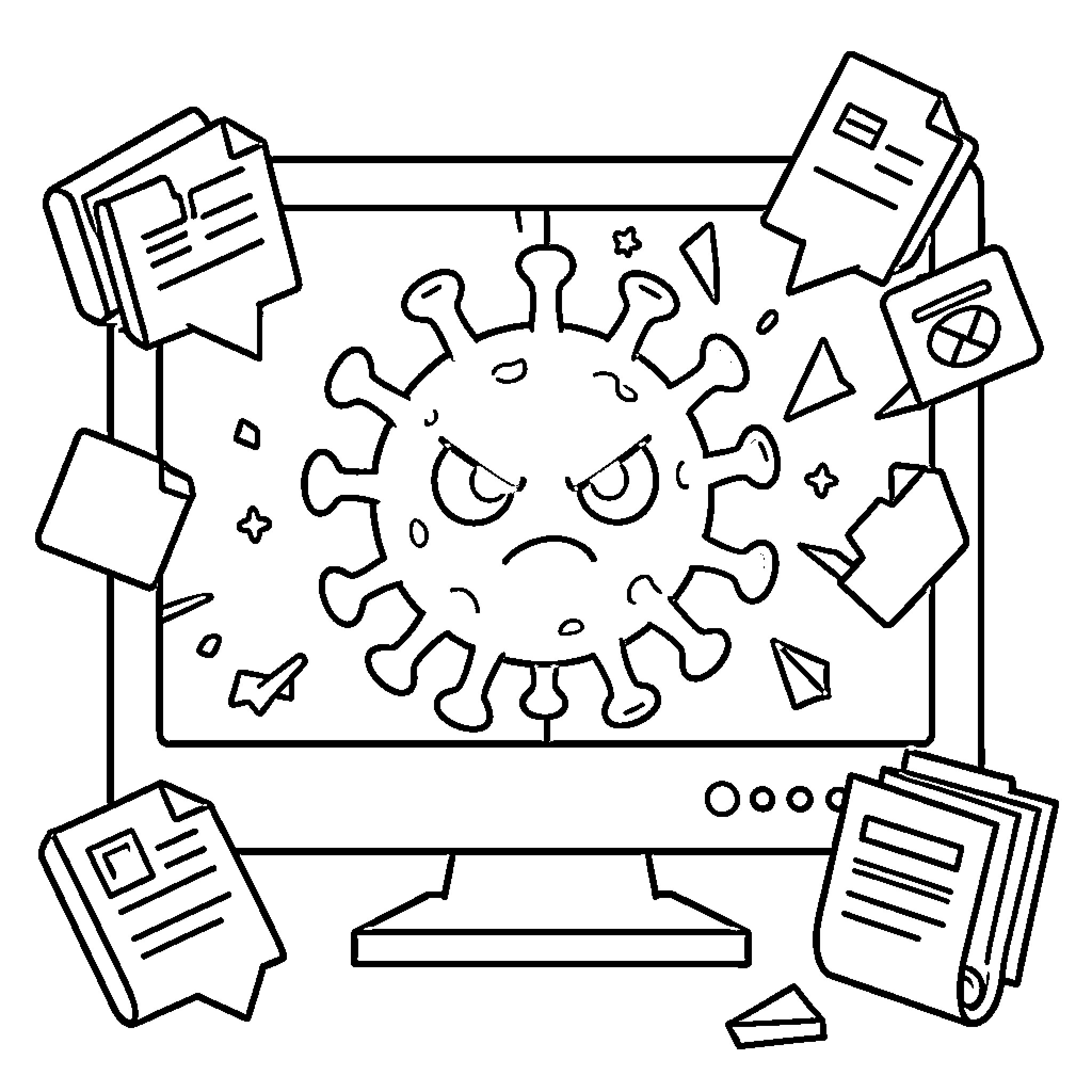 Virus spreading on digital devices Coloring Page (free black-and-white line drawing printable PDF for all, from beginners to advanced learners, including children, teens, adults, and seniors)