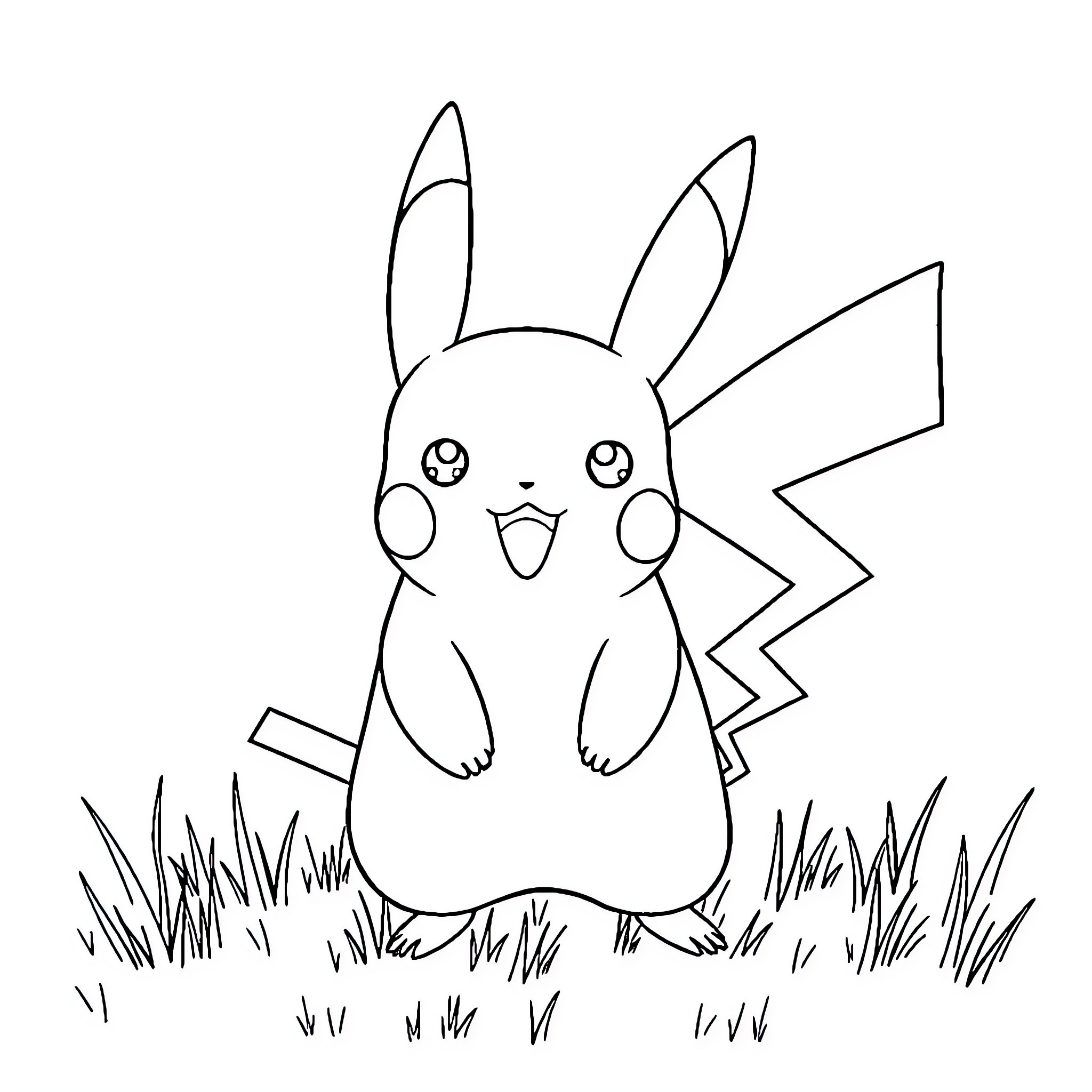 Pikachu standing in the grass Coloring Page (free black-and-white line drawing printable PDF for all, from beginners to advanced learners, including children, teens, adults, and seniors)