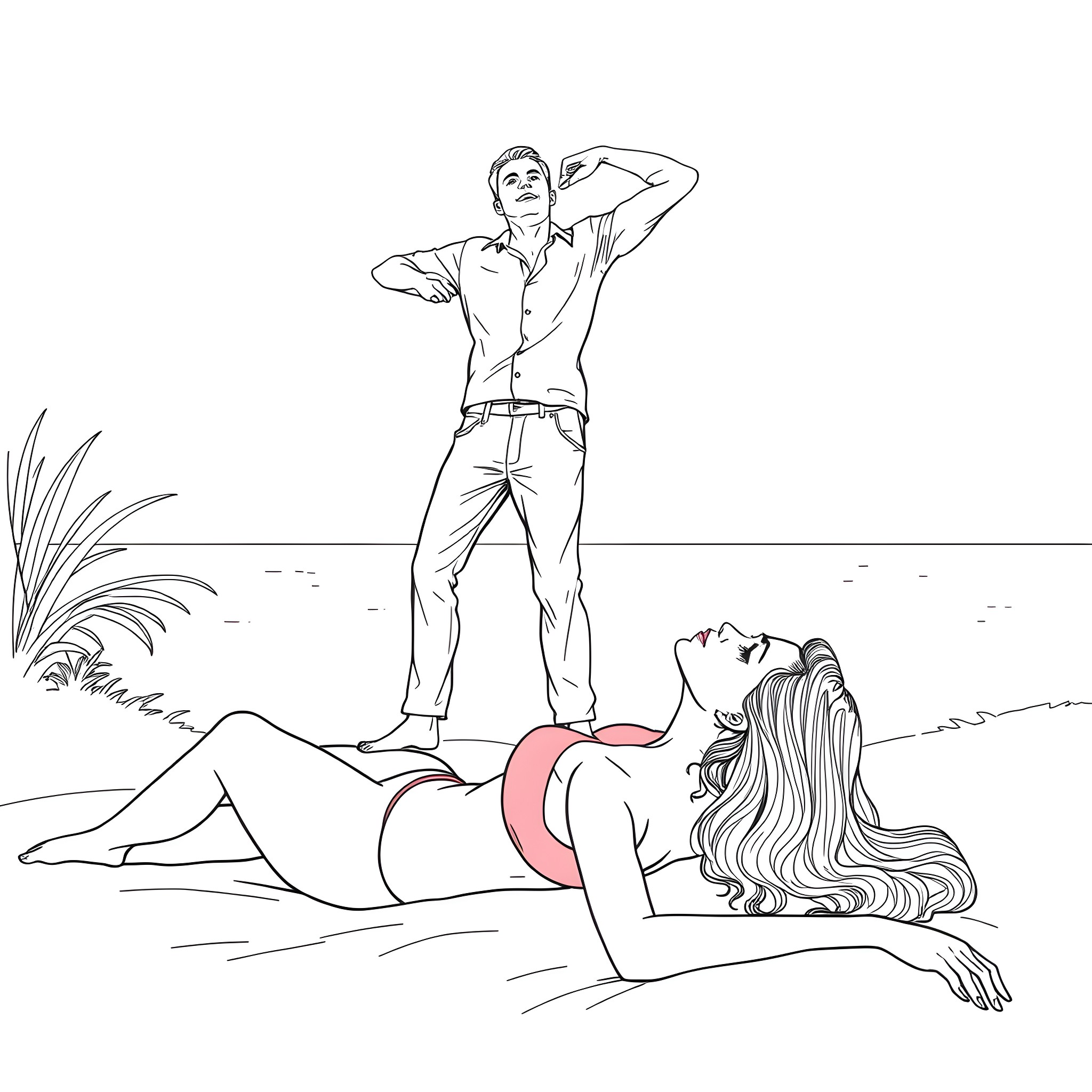 Woman enjoying a serene moment with her partner Coloring Page (free black-and-white line drawing printable PDF for all, from beginners to advanced learners, including children, teens, adults, and seniors)