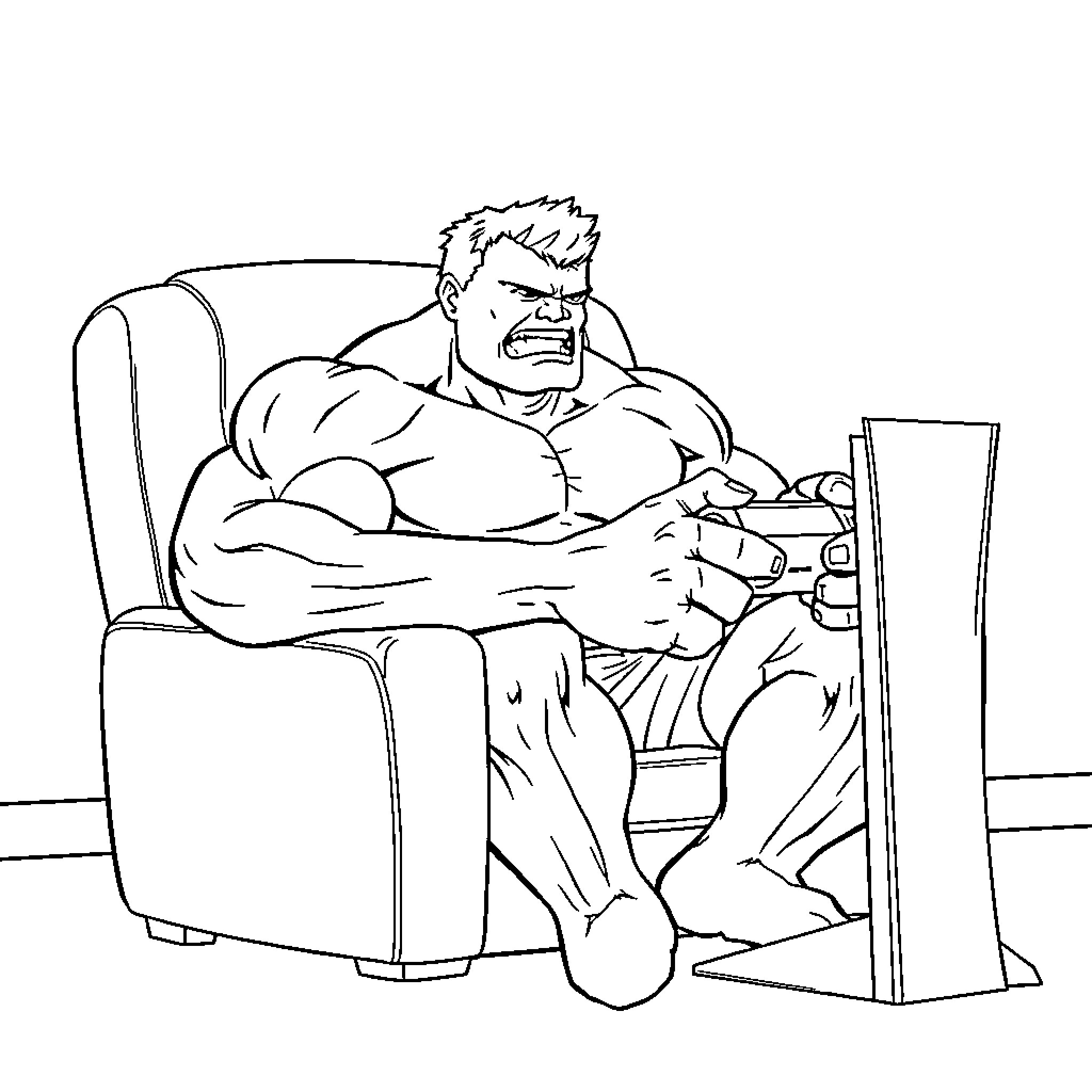 Hulk resting intensely on a chair Coloring Page (free black-and-white line drawing printable PDF for all, from beginners to advanced learners, including children, teens, adults, and seniors)