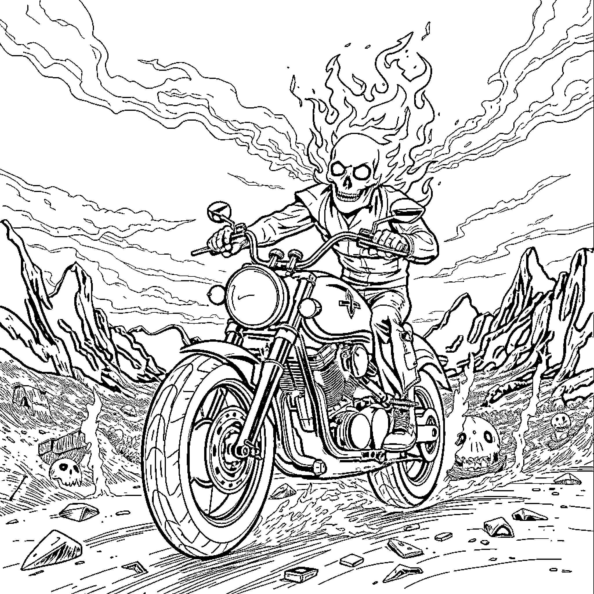 Ghost Rider speeding through a fiery, rocky landscape Coloring Page (free black-and-white line drawing printable PDF for all, from beginners to advanced learners, including children, teens, adults, and seniors)