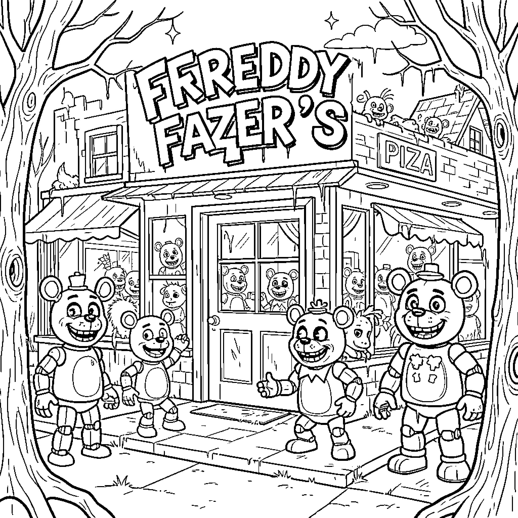Five Nights At Freddy's Freddy Fazer's Pizza Parlor Coloring Page (free black-and-white line drawing printable PDF for all, from beginners to advanced learners, including children, teens, adults, and seniors)