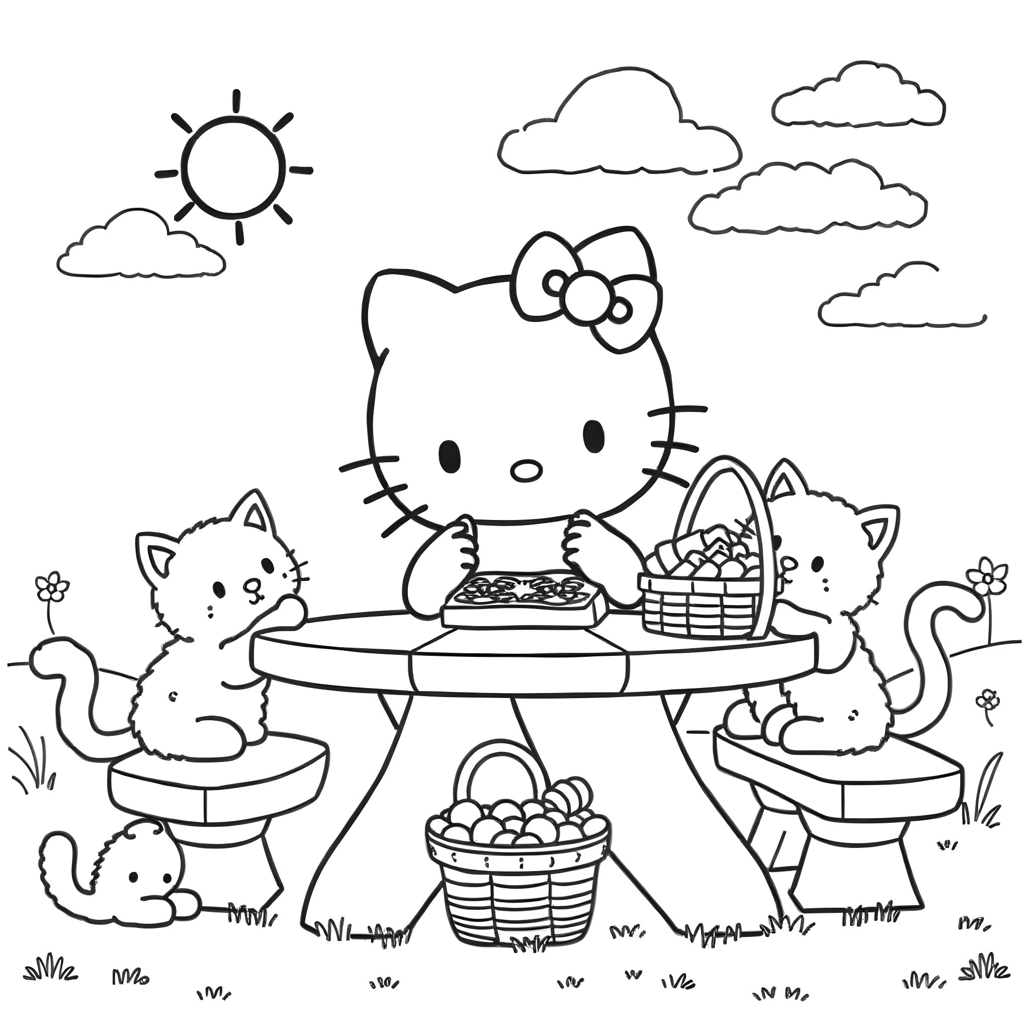 Hello Kitty's Picnic with Friends Coloring Page (free black-and-white line drawing printable PDF for all, from beginners to advanced learners, including children, teens, adults, and seniors)