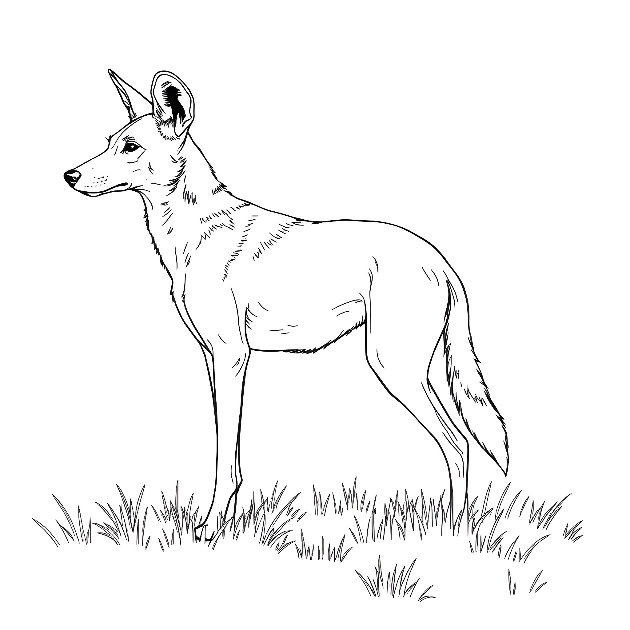 Wild Dog in grassy field Coloring Page (free black-and-white line drawing printable PDF for all, from beginners to advanced learners, including children, teens, adults, and seniors)