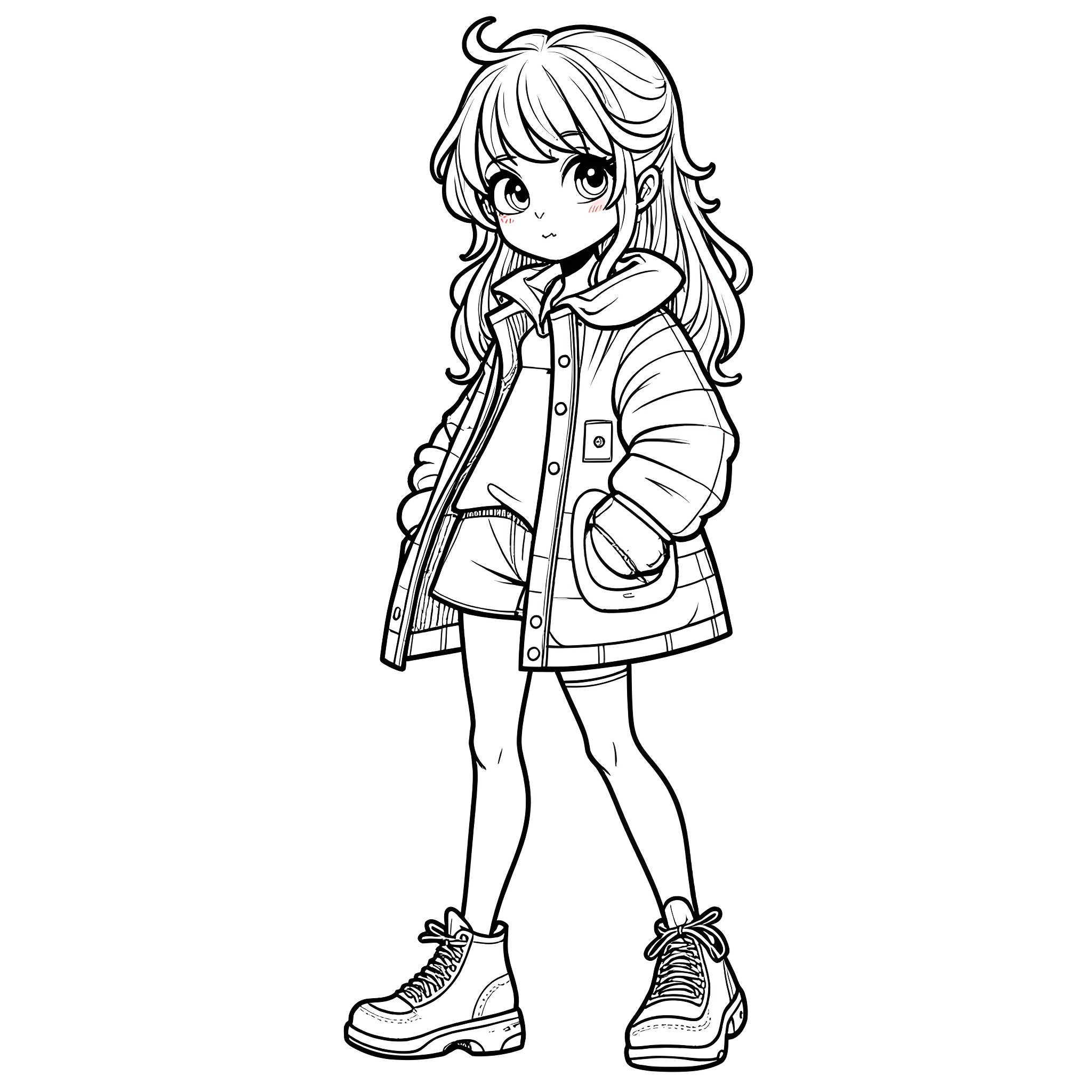 Goth Girl in Casual Outfit Posing Confidently Coloring Page (free black-and-white line drawing printable PDF for all, from beginners to advanced learners, including children, teens, adults, and seniors)