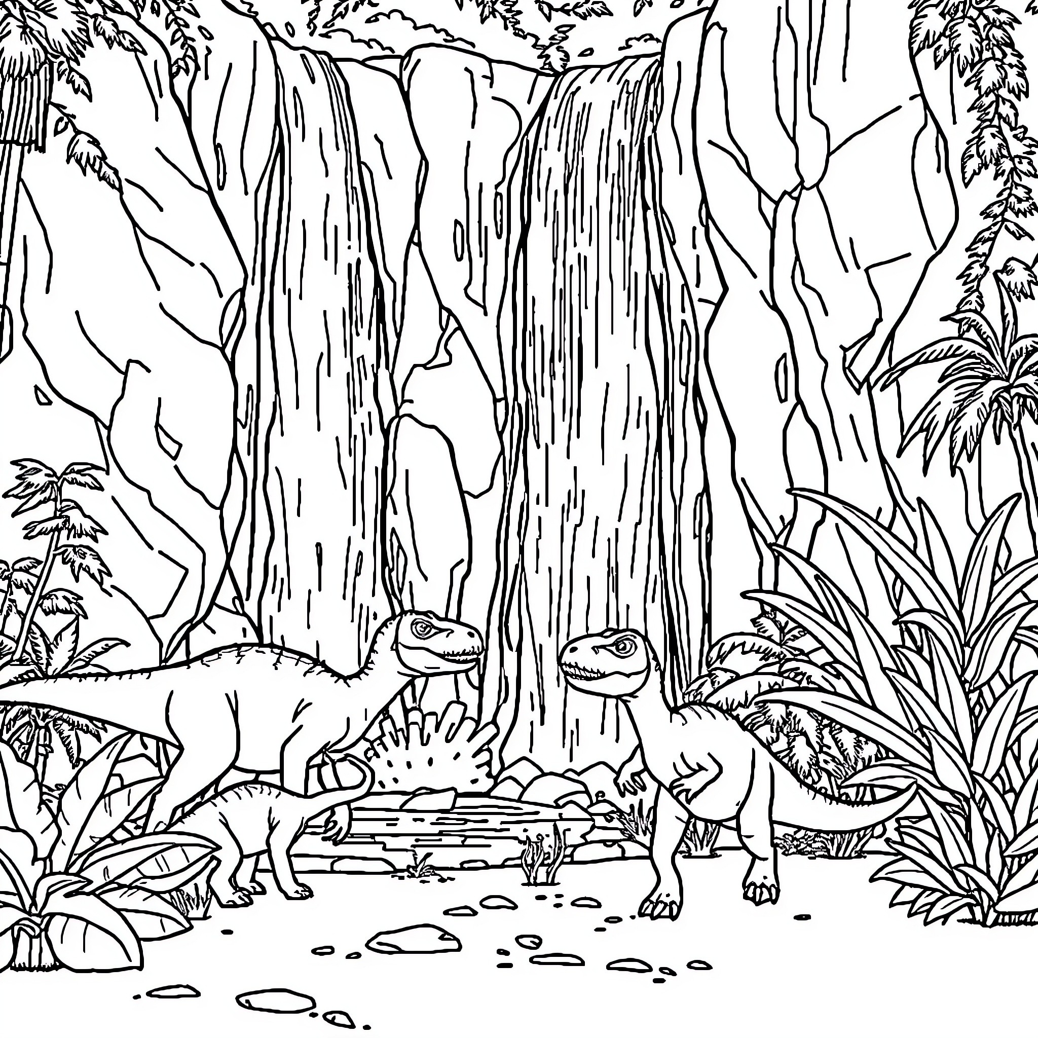 Dinosaurs exploring a lush prehistoric landscape Coloring Page (free black-and-white line drawing printable PDF for all, from beginners to advanced learners, including children, teens, adults, and seniors)