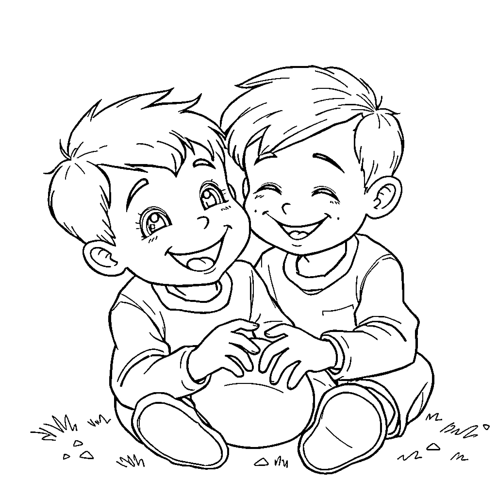 Brother's Joyful Playtime Coloring Page (free black-and-white line drawing printable PDF for all, from beginners to advanced learners, including children, teens, adults, and seniors)