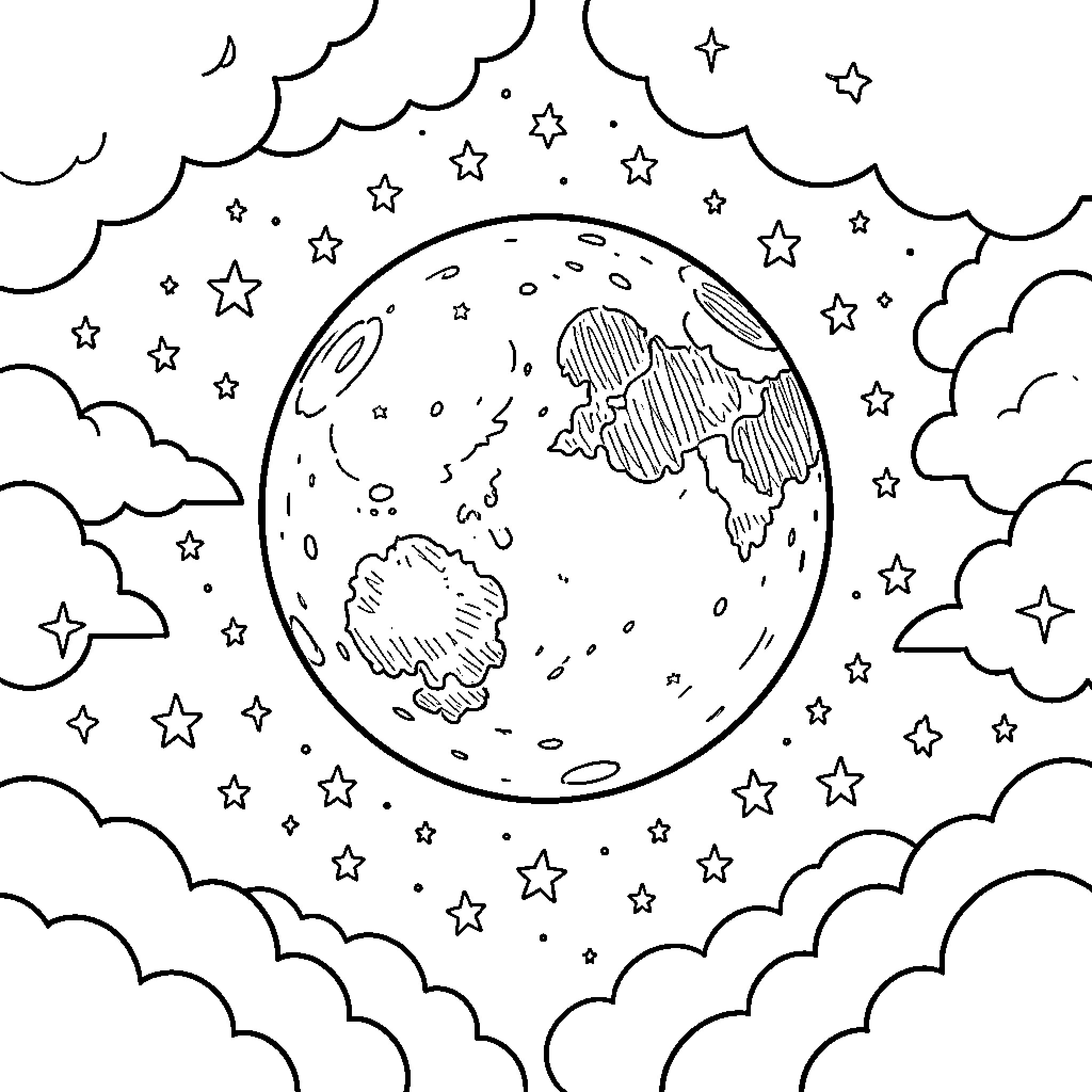 Moon surrounded by clouds and twinkling stars Coloring Page (free black-and-white line drawing printable PDF for all, from beginners to advanced learners, including children, teens, adults, and seniors)