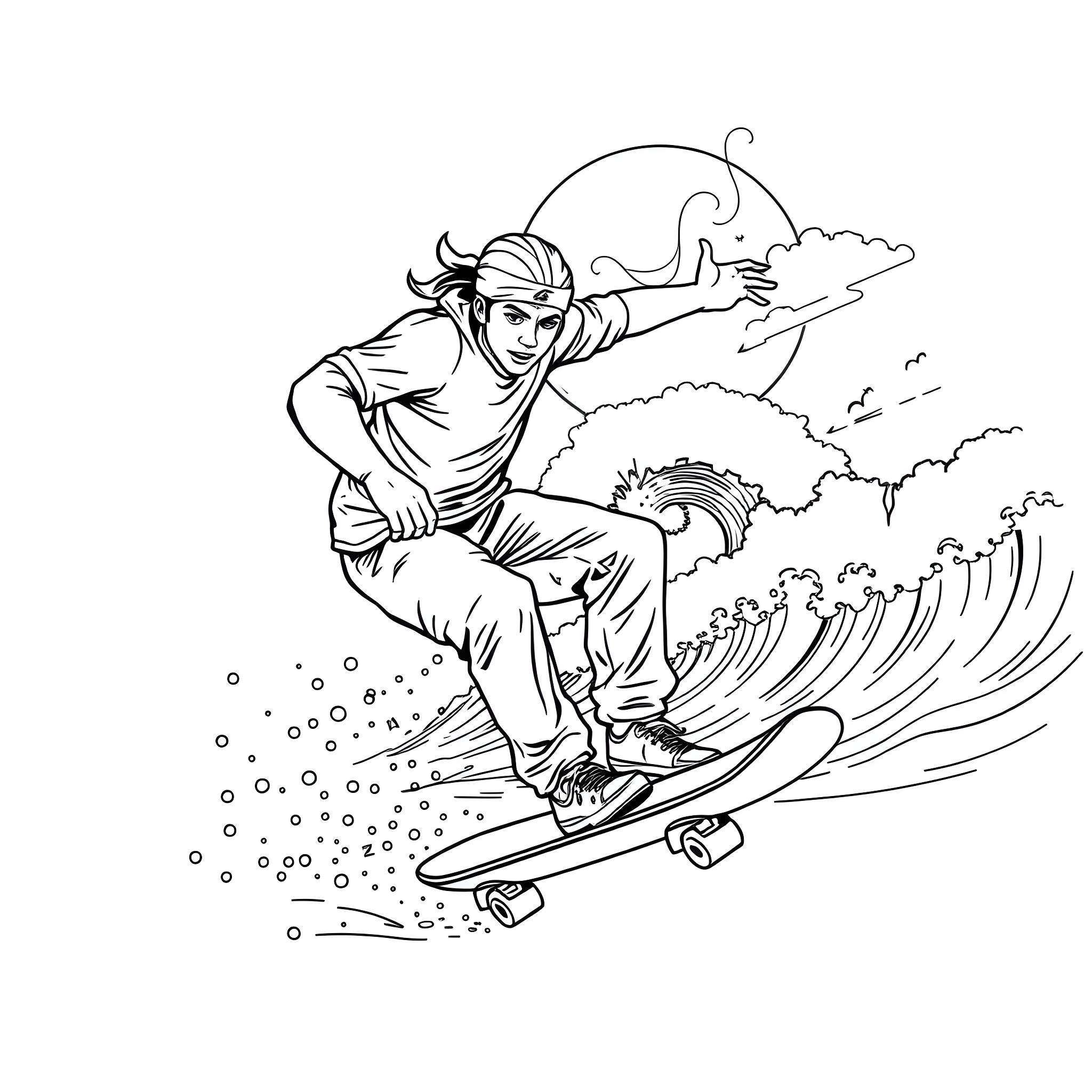 Tony Hawk performing skateboarding trick in stormy weather Coloring Page (free black-and-white line drawing printable PDF for all, from beginners to advanced learners, including children, teens, adults, and seniors)