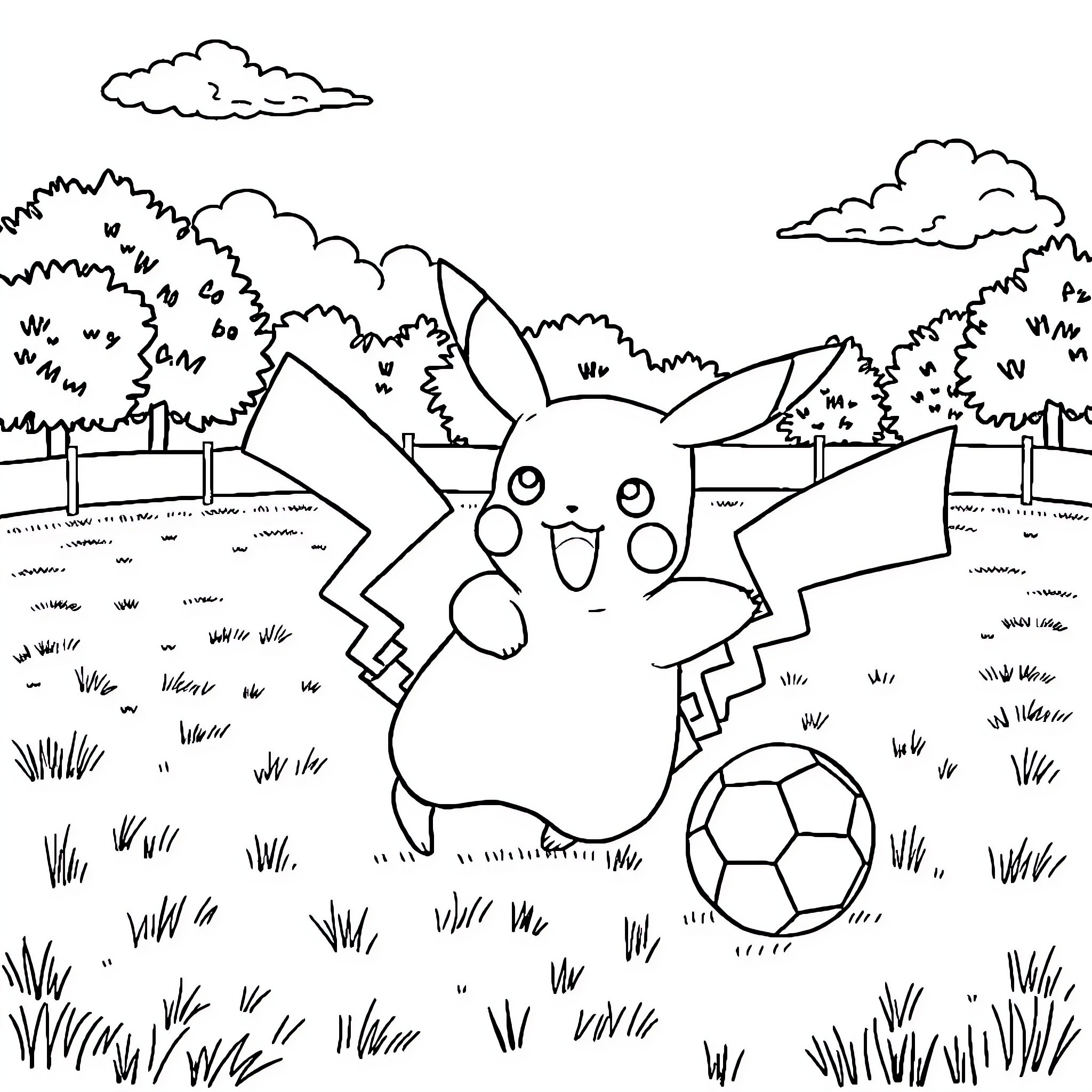 Pikachu playing with a soccer ball in the countryside Coloring Page (free black-and-white line drawing printable PDF for all, from beginners to advanced learners, including children, teens, adults, and seniors)