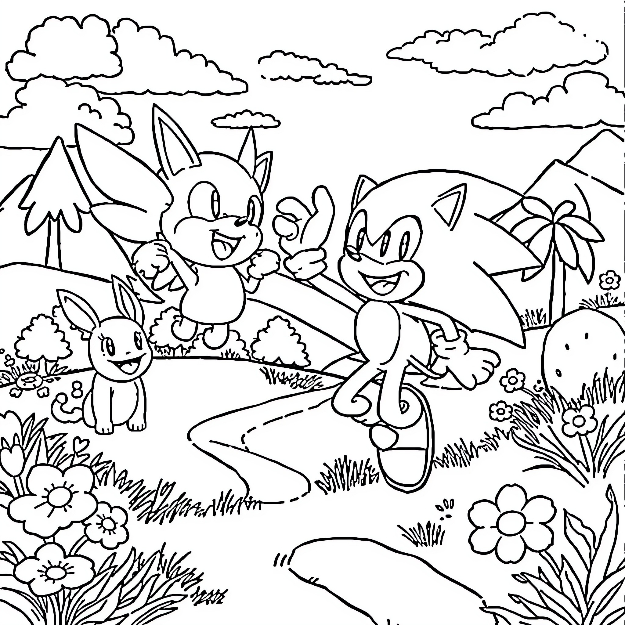 Sonic characters explore natural outdoor scene Coloring Page (free black-and-white line drawing printable PDF for all, from beginners to advanced learners, including children, teens, adults, and seniors)