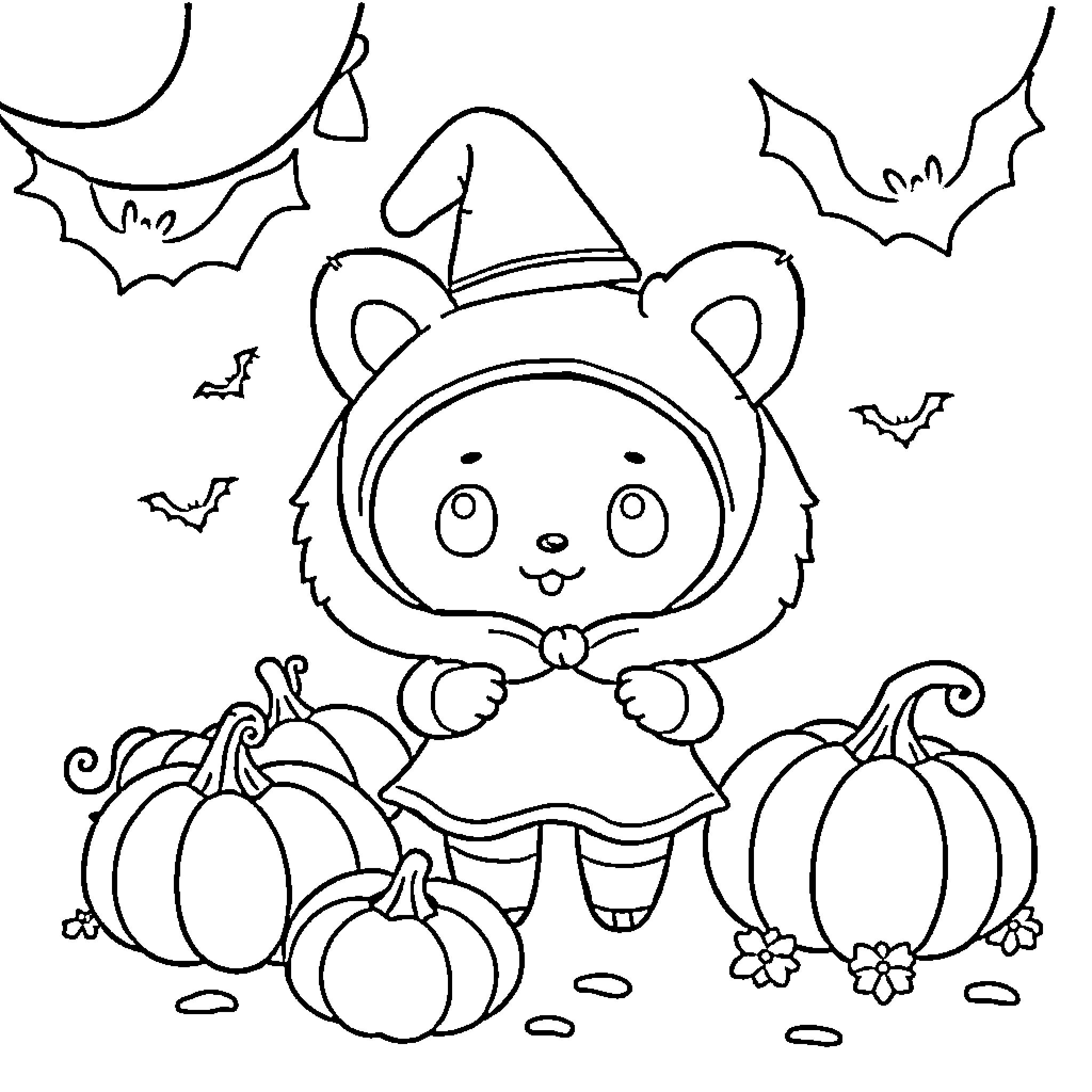 Pompompurin in Halloween costume with pumpkins Coloring Page (free black-and-white line drawing printable PDF for all, from beginners to advanced learners, including children, teens, adults, and seniors)