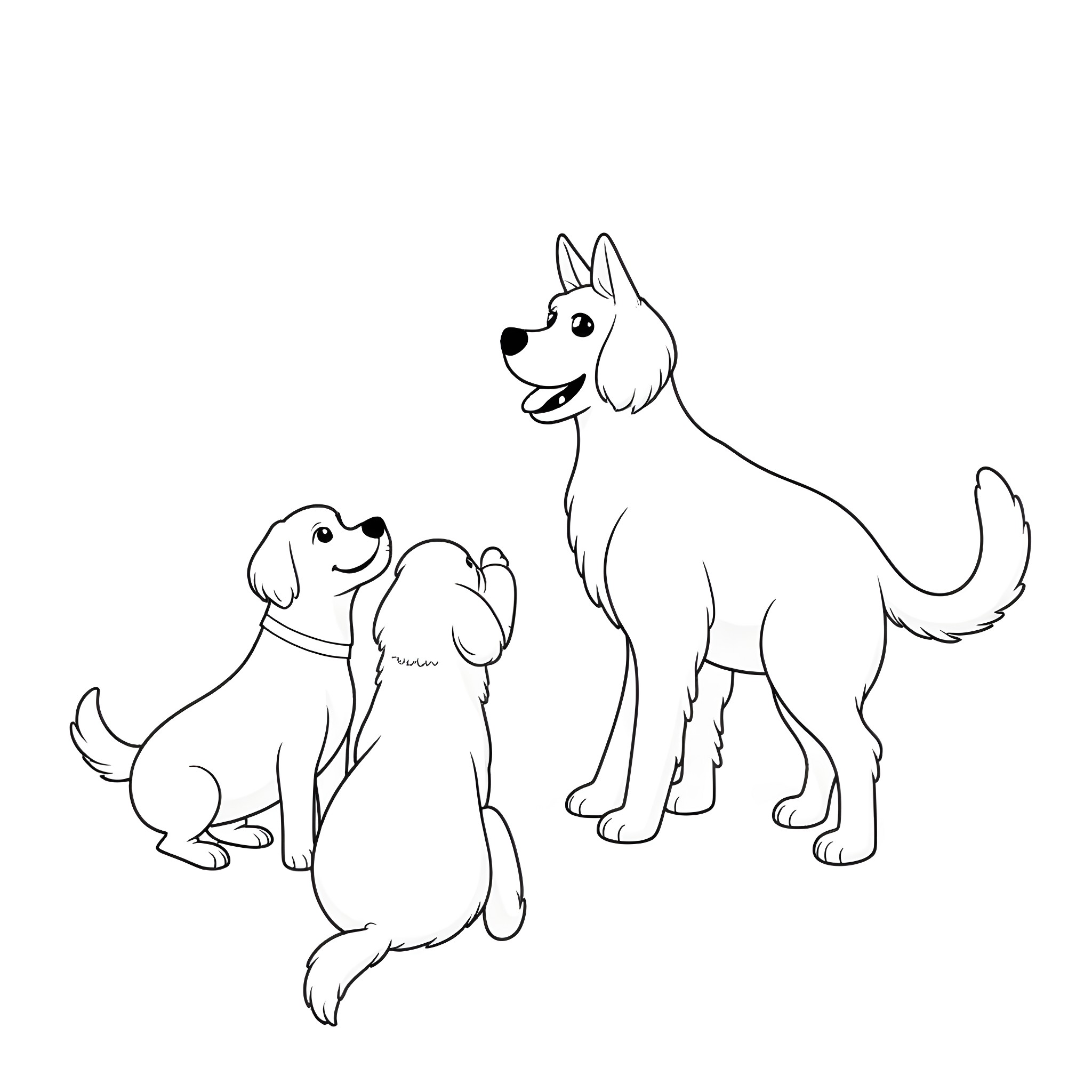Dog and puppy playing together happily Coloring Page (free black-and-white line drawing printable PDF for all, from beginners to advanced learners, including children, teens, adults, and seniors)