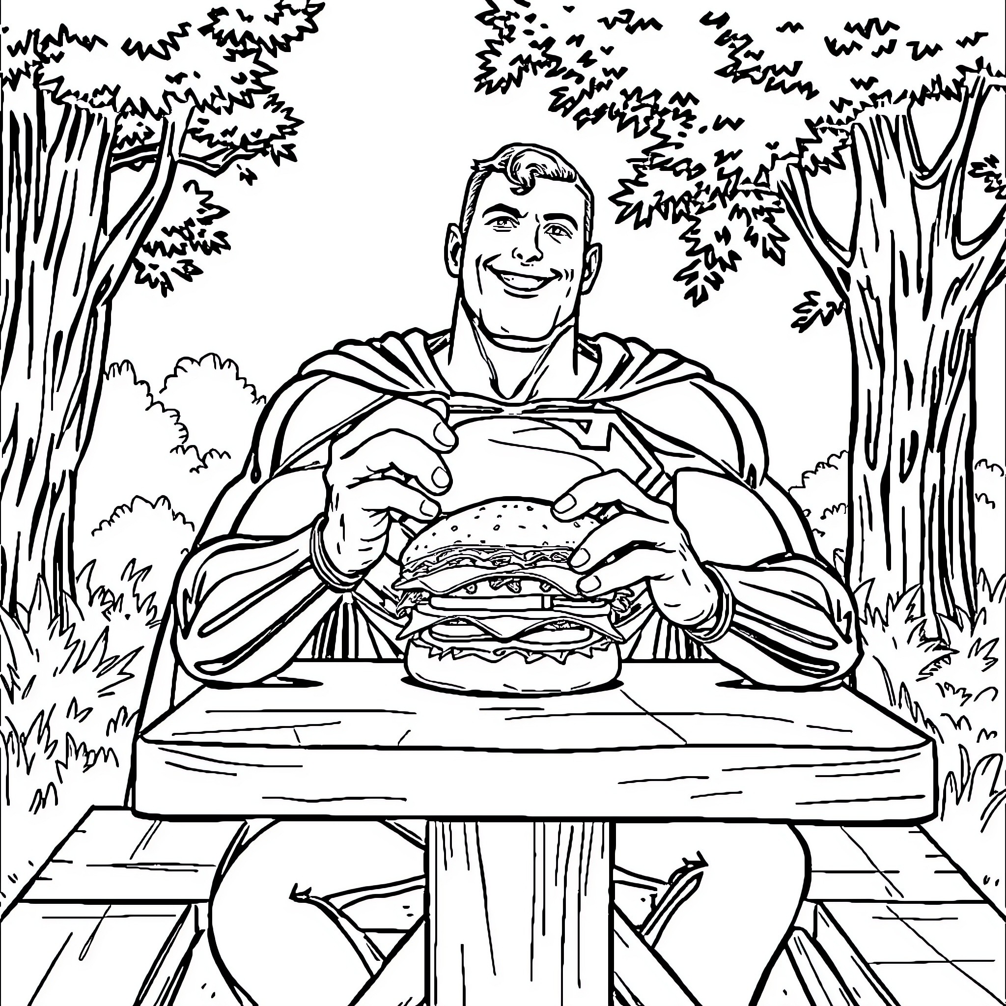 Superman Enjoying a Delicious Burger in the Outdoors Coloring Page (free black-and-white line drawing printable PDF for all, from beginners to advanced learners, including children, teens, adults, and seniors)