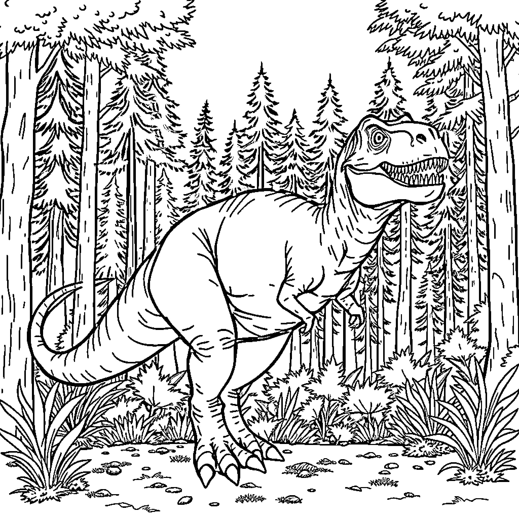 T-Rex Roaming Through the Prehistoric Forest Coloring Page (free black-and-white line drawing printable PDF for all, from beginners to advanced learners, including children, teens, adults, and seniors)