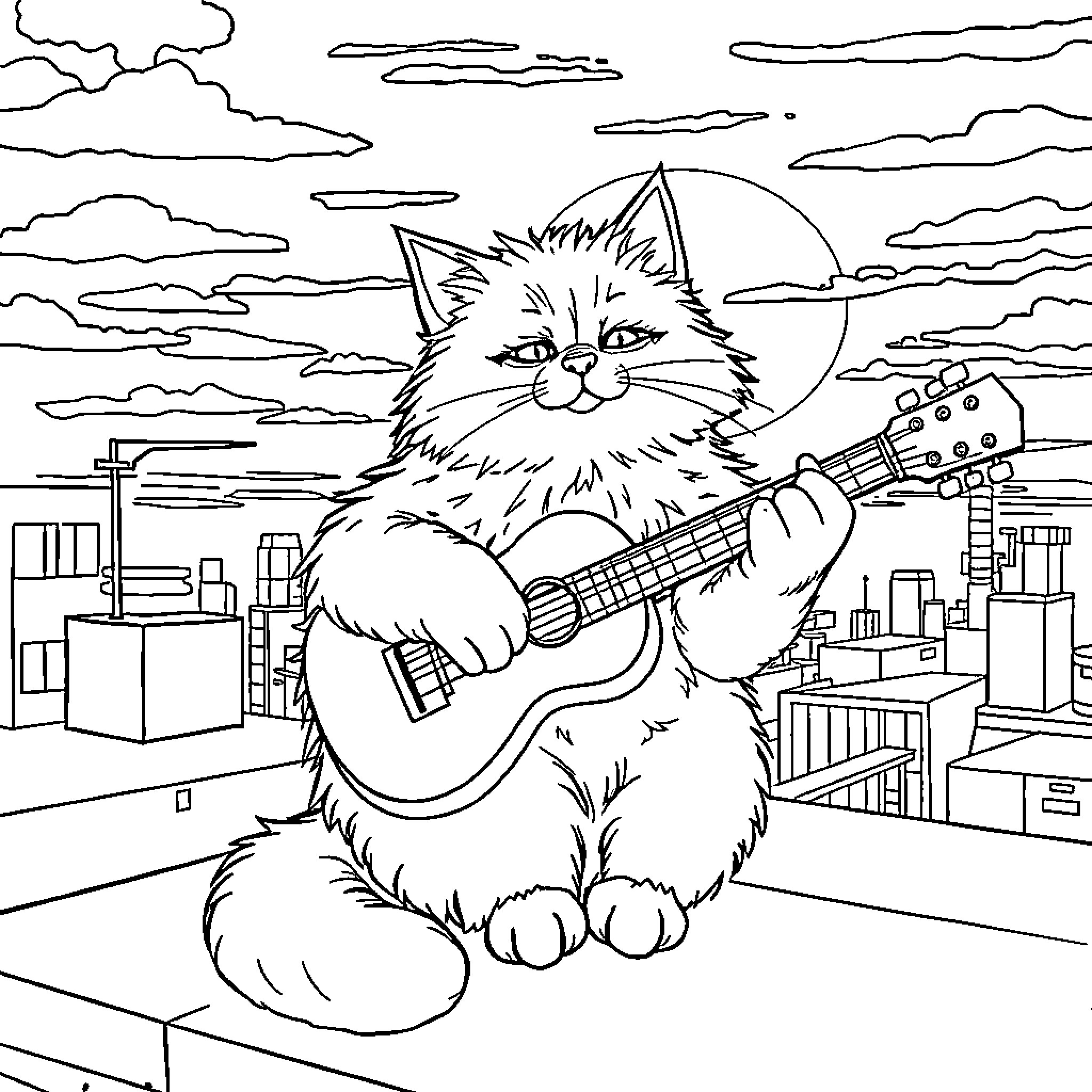 Cat playing guitar in the city Coloring Page (free black-and-white line drawing printable PDF for all, from beginners to advanced learners, including children, teens, adults, and seniors)