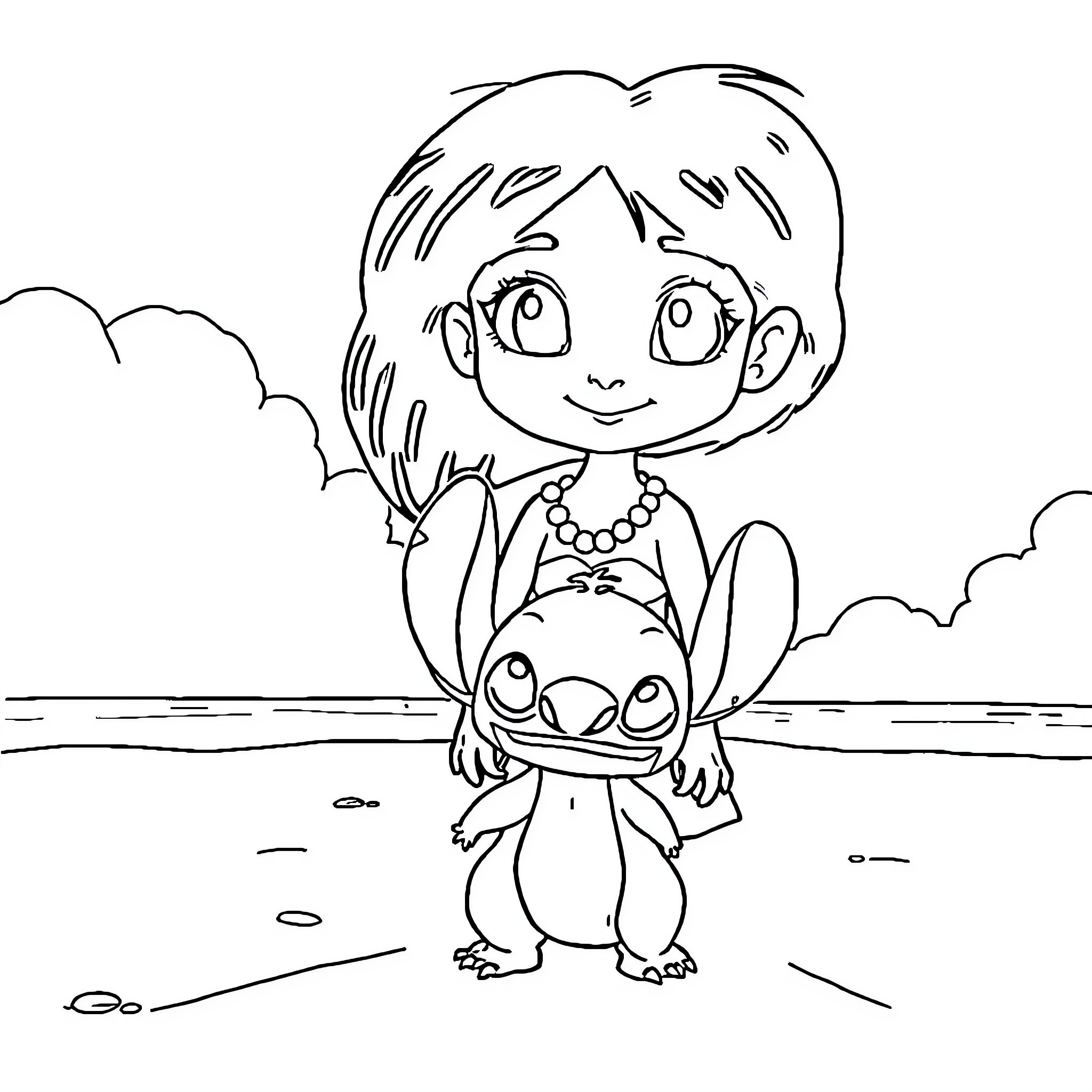 Lilo And Stitch Enjoying Beach Adventure Coloring Page (free black-and-white line drawing printable PDF for all, from beginners to advanced learners, including children, teens, adults, and seniors)
