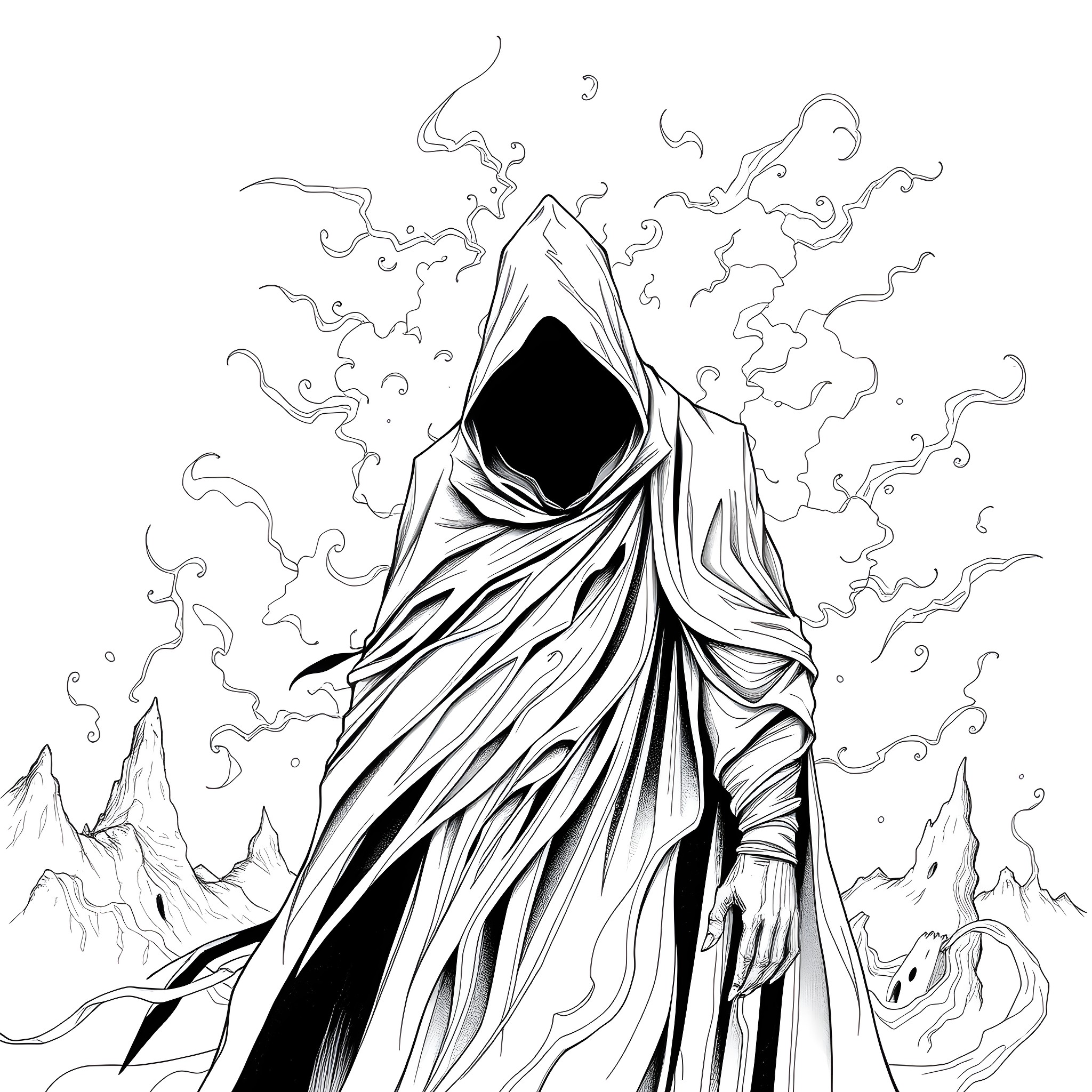 Wicked Shrouded Figure in Mysterious Landscape Coloring Page (free black-and-white line drawing printable PDF for all, from beginners to advanced learners, including children, teens, adults, and seniors)