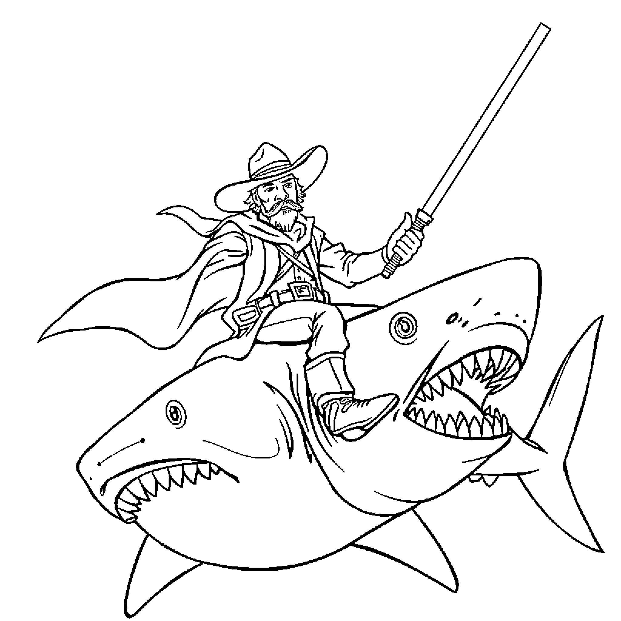 Cowboy riding a fierce shark with a sword Coloring Page (free black-and-white line drawing printable PDF for all, from beginners to advanced learners, including children, teens, adults, and seniors)