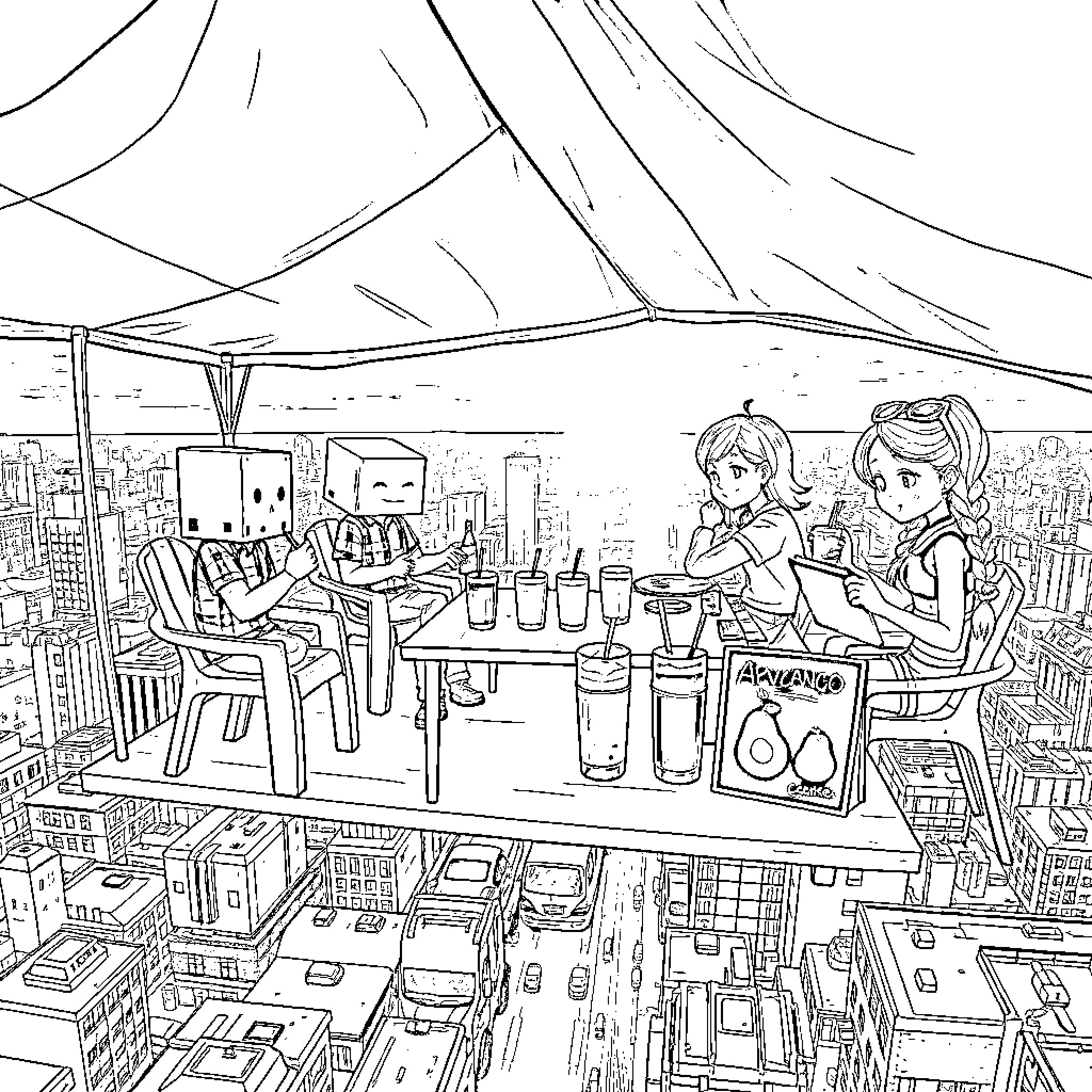 Pepe and friends in a rooftop cafe with city view Coloring Page (free black-and-white line drawing printable PDF for all, from beginners to advanced learners, including children, teens, adults, and seniors)