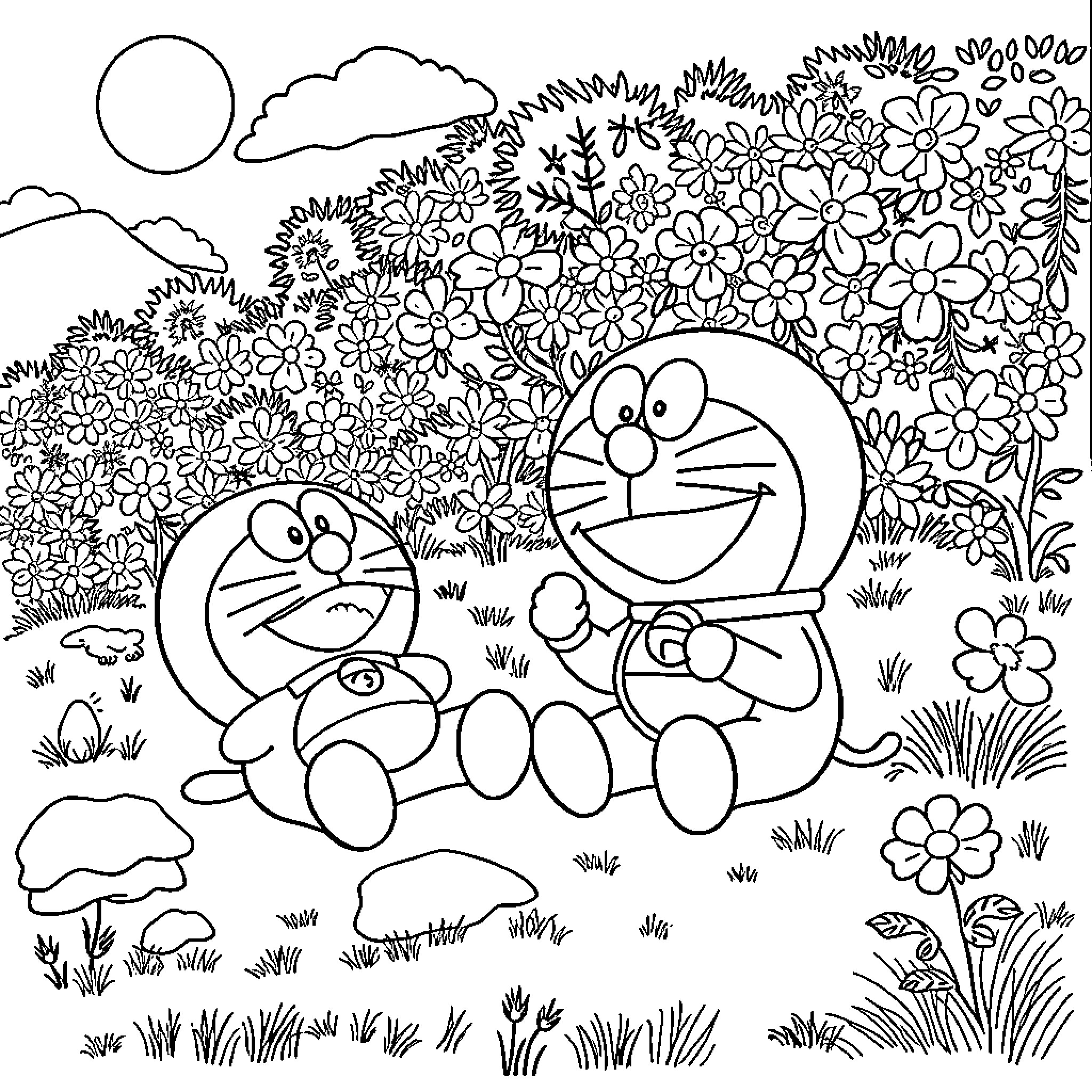 Nobita and Doraemon enjoying a day in the meadow Coloring Page (free black-and-white line drawing printable PDF for all, from beginners to advanced learners, including children, teens, adults, and seniors)