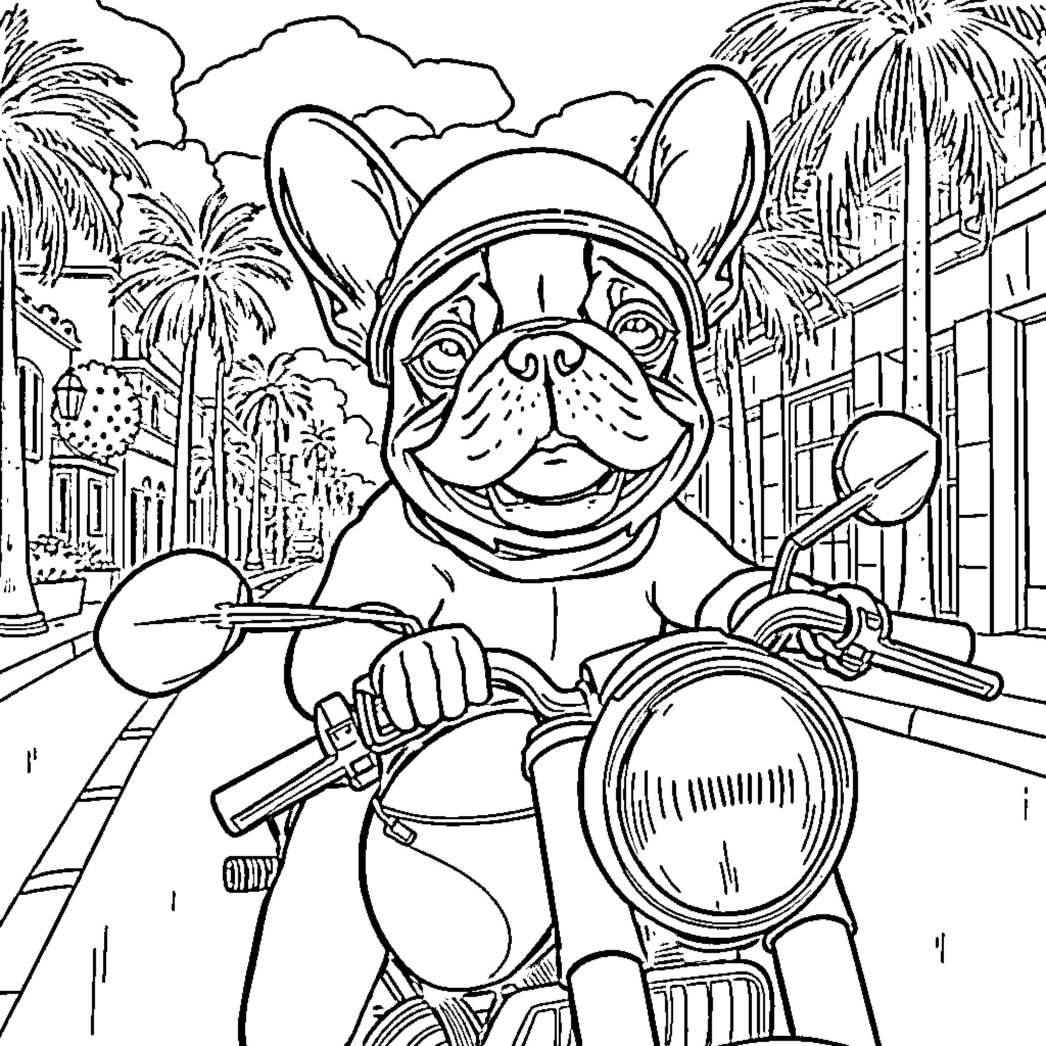 French Bulldog riding a scooter in a tropical city Coloring Page (free black-and-white line drawing printable PDF for all, from beginners to advanced learners, including children, teens, adults, and seniors)