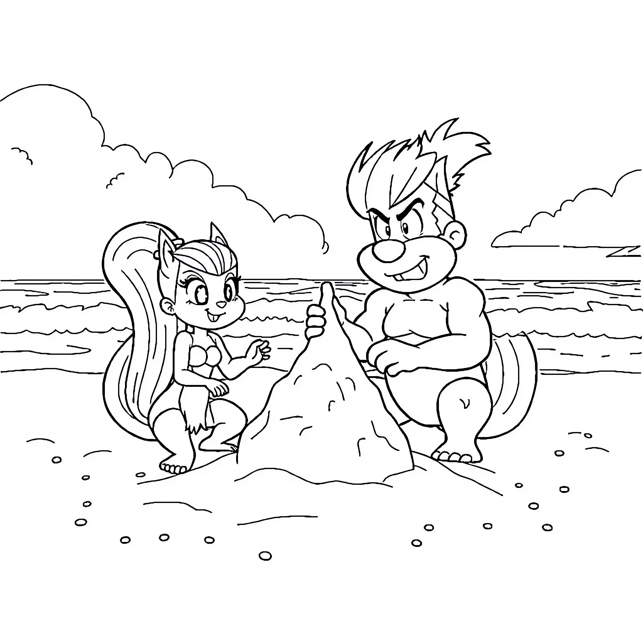 Squirrel building a sandcastle with friend on the beach Coloring Page (free black-and-white line drawing printable PDF for all, from beginners to advanced learners, including children, teens, adults, and seniors)