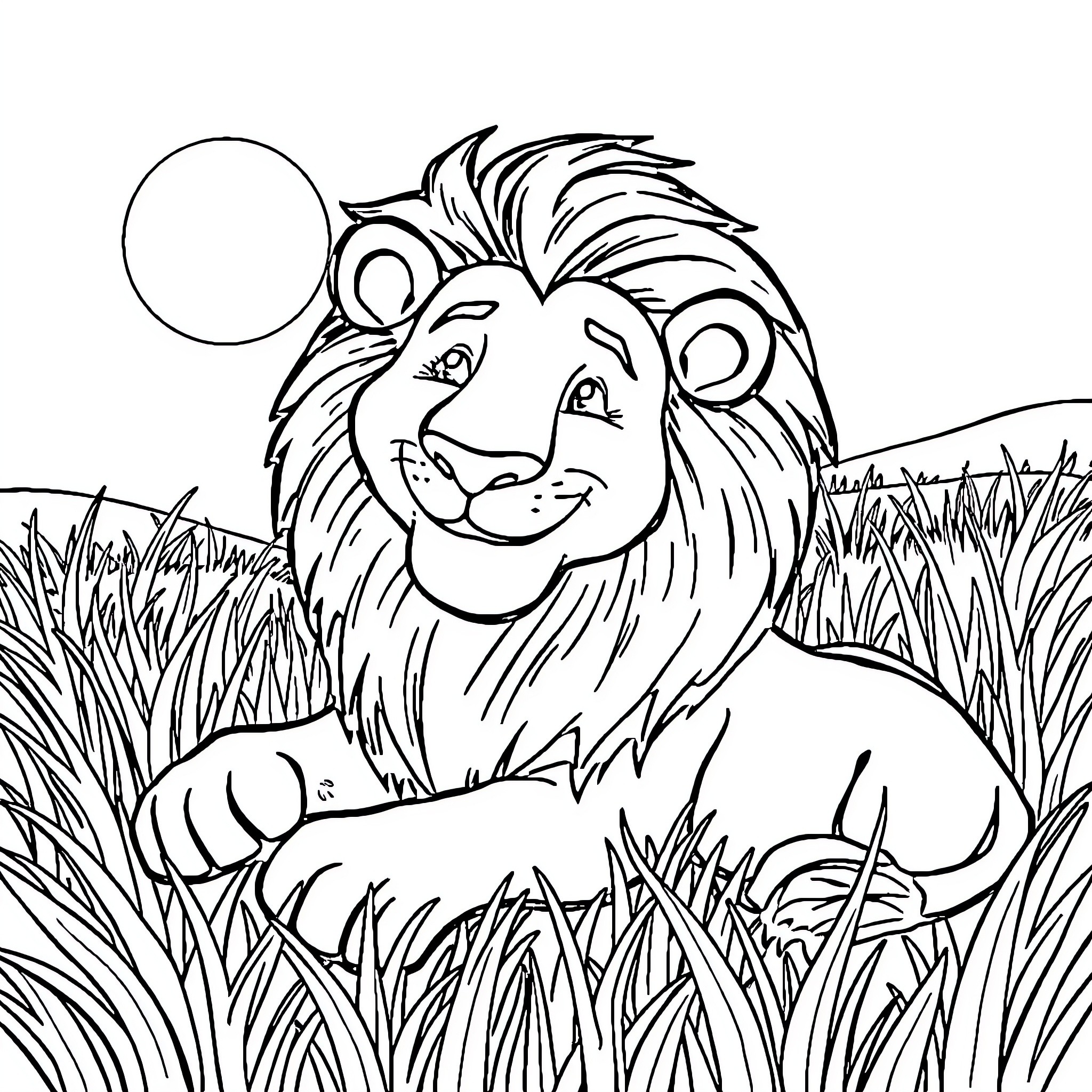 Lion resting peacefully in the tall grass Coloring Page (free black-and-white line drawing printable PDF for all, from beginners to advanced learners, including children, teens, adults, and seniors)