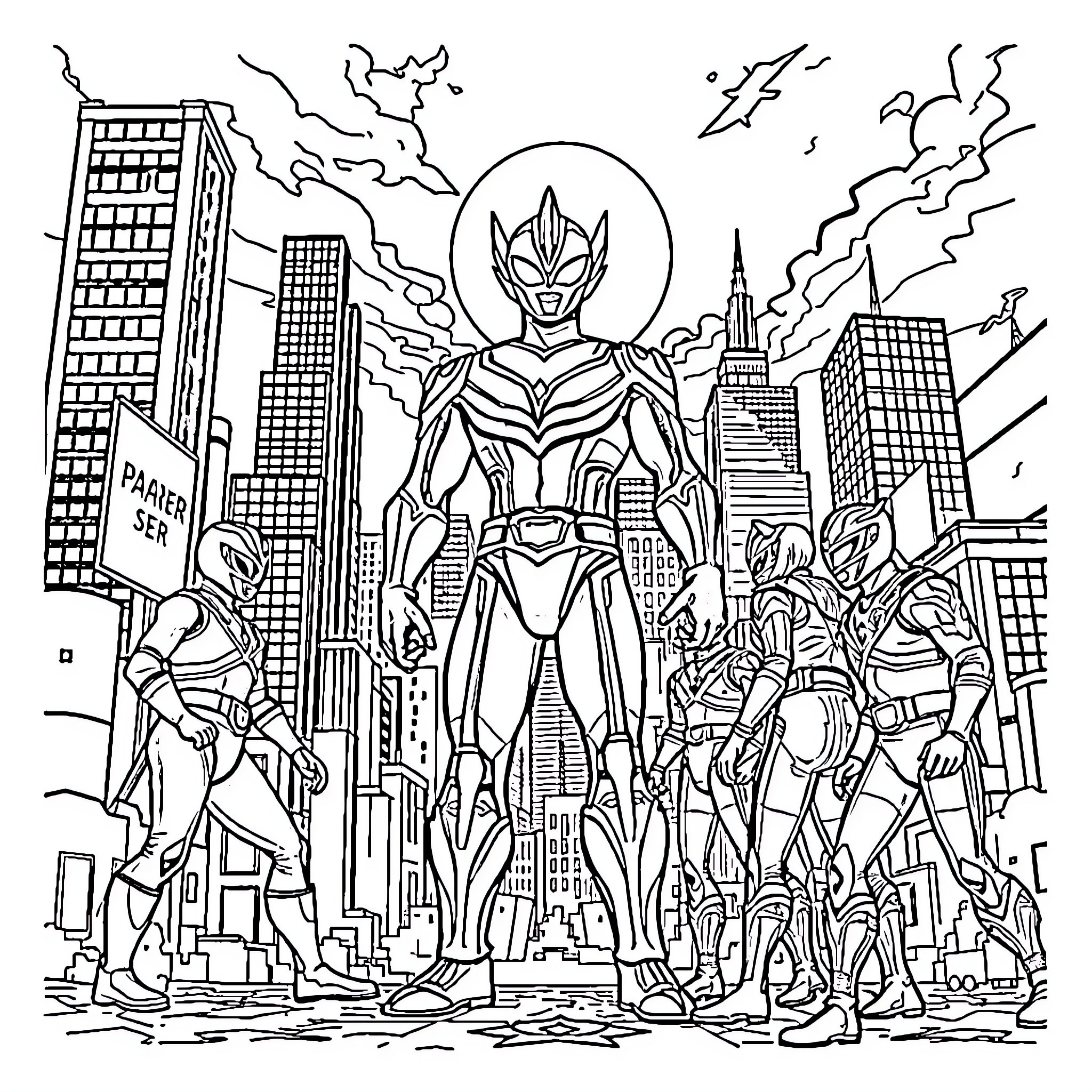 Ultraman stands tall amidst the city skyline Coloring Page (free black-and-white line drawing printable PDF for all, from beginners to advanced learners, including children, teens, adults, and seniors)