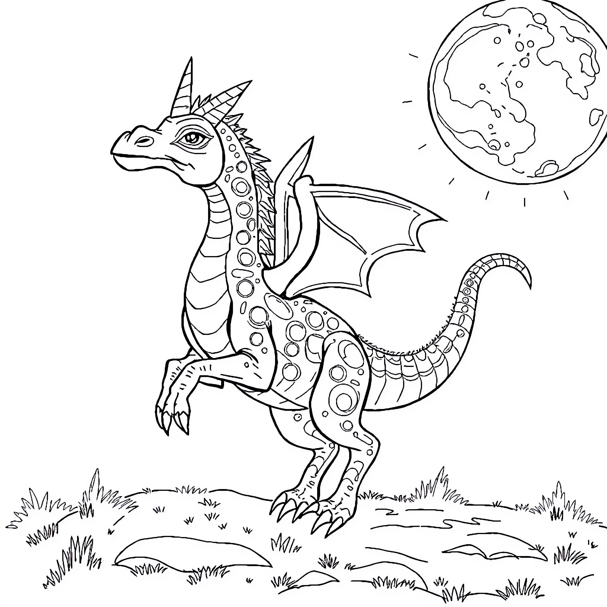 Ornithorynque mystical dragon in fantasy landscape Coloring Page (free black-and-white line drawing printable PDF for all, from beginners to advanced learners, including children, teens, adults, and seniors)