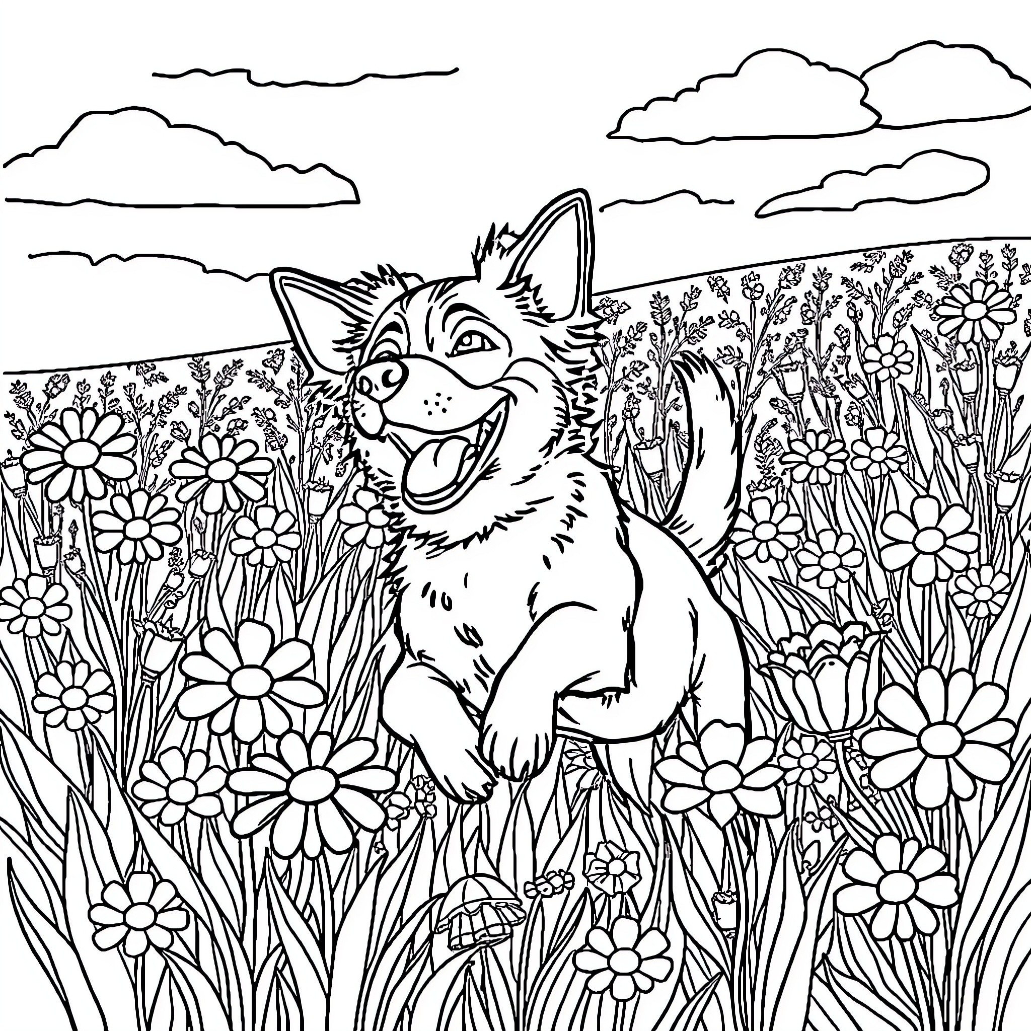 Dog playing joyfully in a flower-filled meadow Coloring Page (free black-and-white line drawing printable PDF for all, from beginners to advanced learners, including children, teens, adults, and seniors)