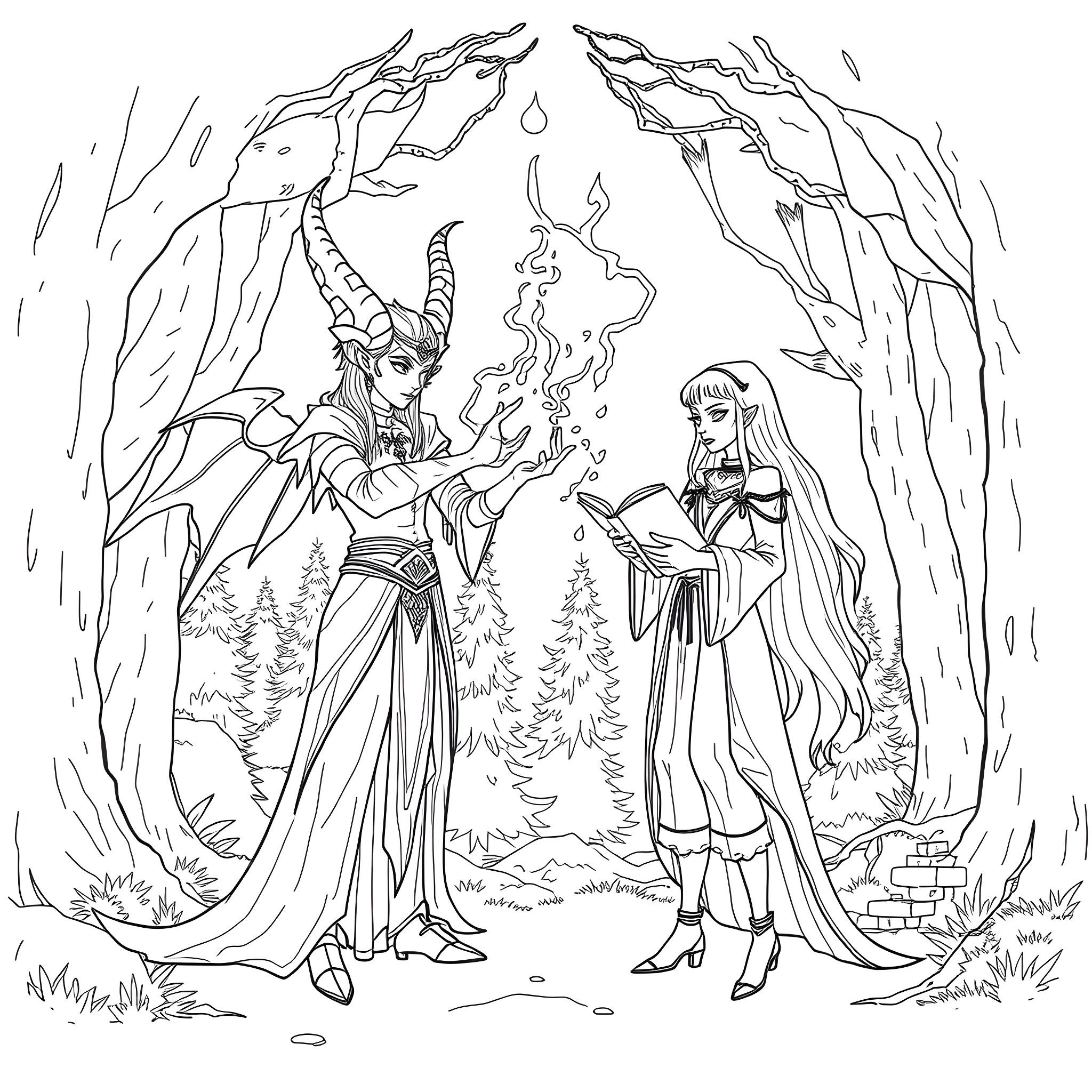 Cecilion's Enchanted Forest Encounter Coloring Page (free black-and-white line drawing printable PDF for all, from beginners to advanced learners, including children, teens, adults, and seniors)