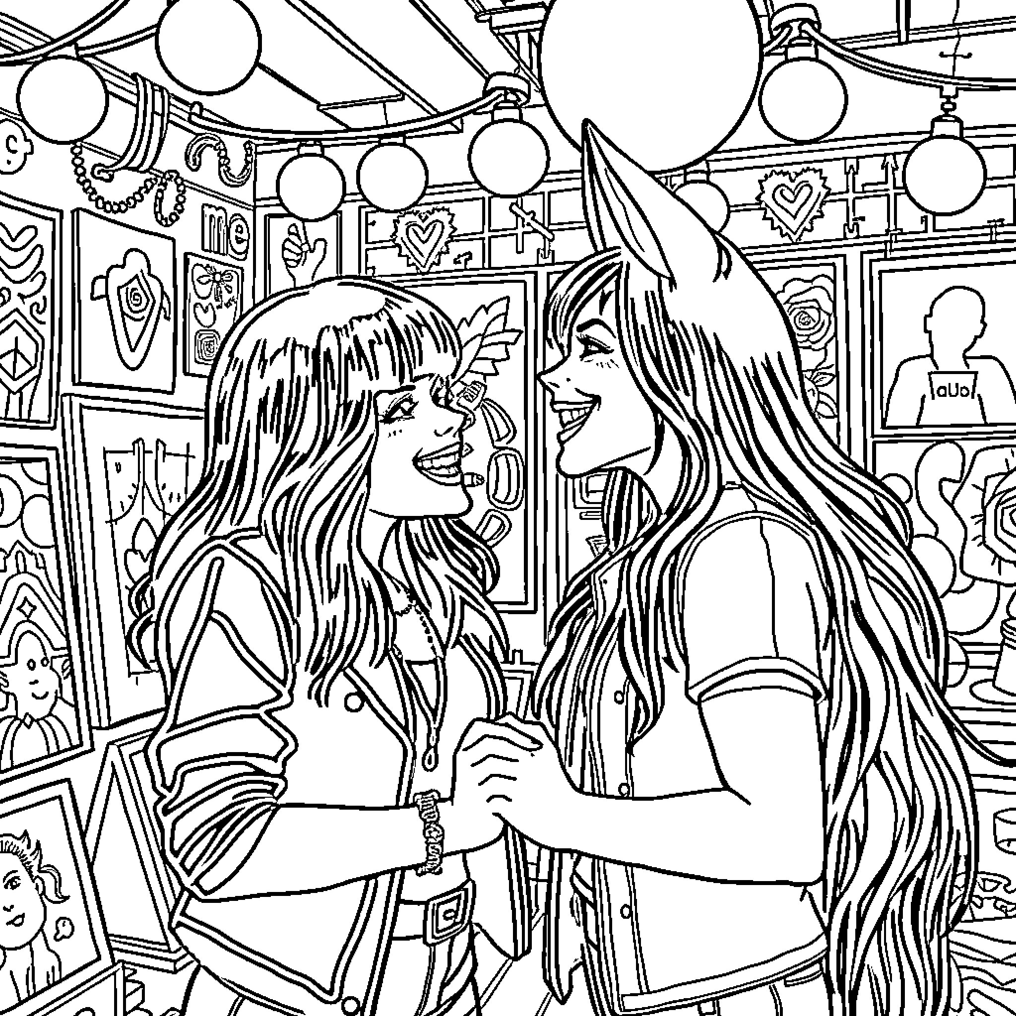 Melanie Martinez characters in a whimsical scene Coloring Page (free black-and-white line drawing printable PDF for all, from beginners to advanced learners, including children, teens, adults, and seniors)