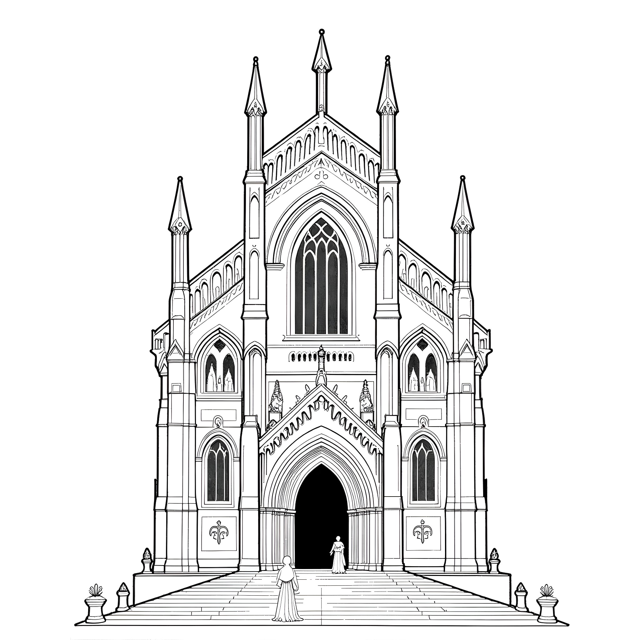 Cathedral of Gothic Architecture and Ornate Facade Coloring Page (free black-and-white line drawing printable PDF for all, from beginners to advanced learners, including children, teens, adults, and seniors)