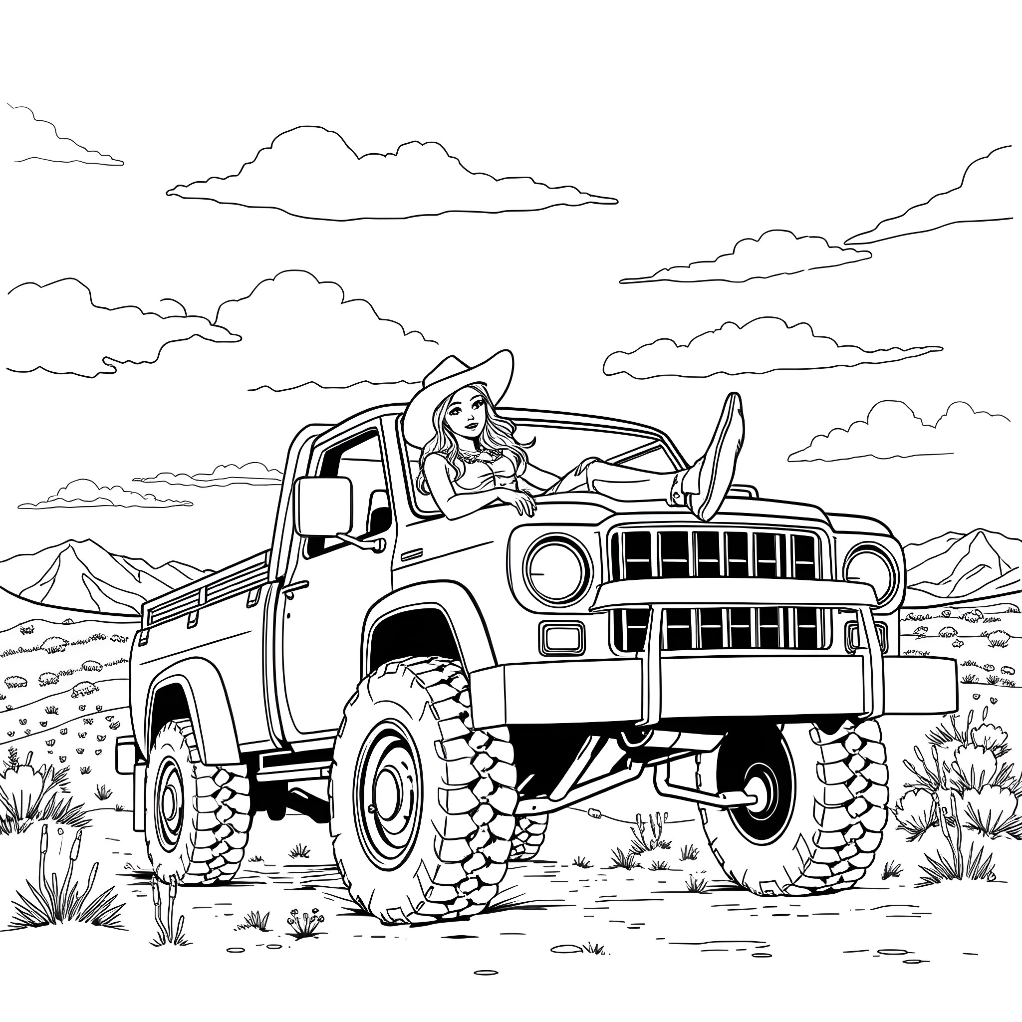 Cowgirl adventures in the rugged terrain Coloring Page (free black-and-white line drawing printable PDF for all, from beginners to advanced learners, including children, teens, adults, and seniors)