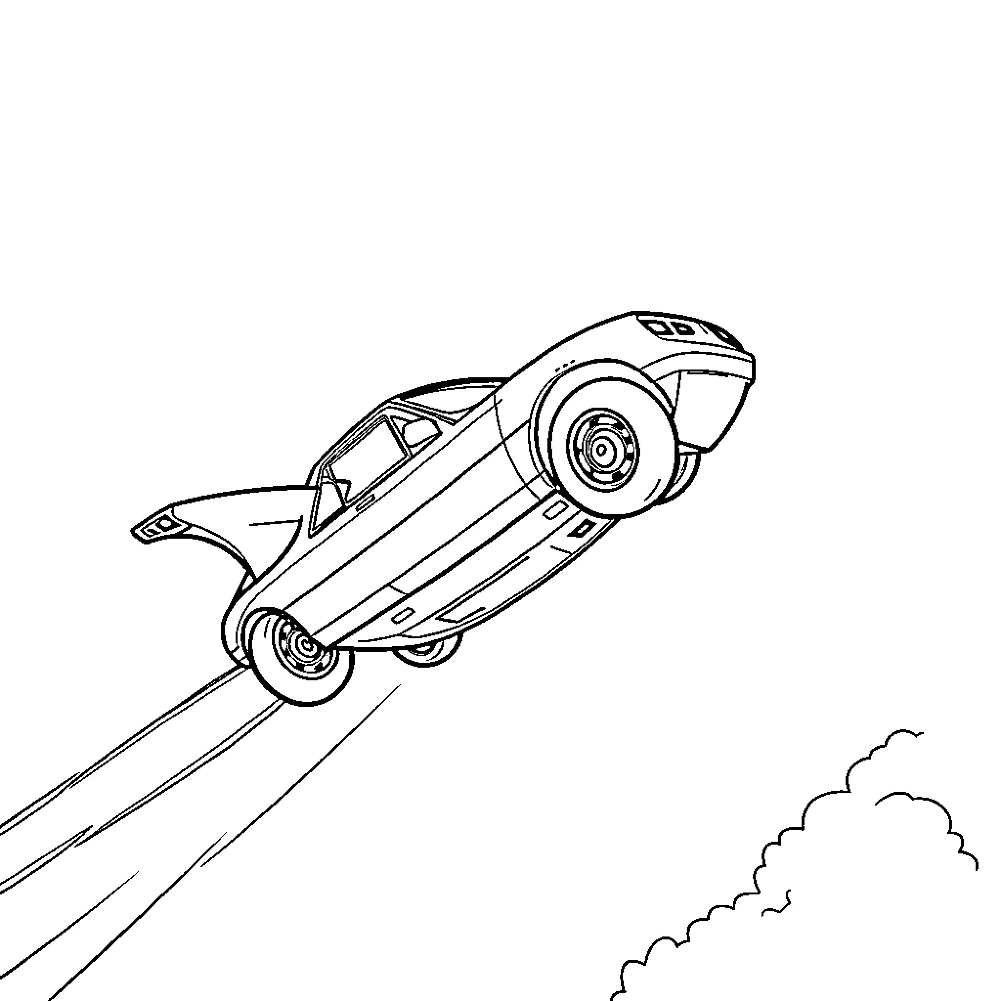 Flying Car soaring through the sky Coloring Page (free black-and-white line drawing printable PDF for all, from beginners to advanced learners, including children, teens, adults, and seniors)