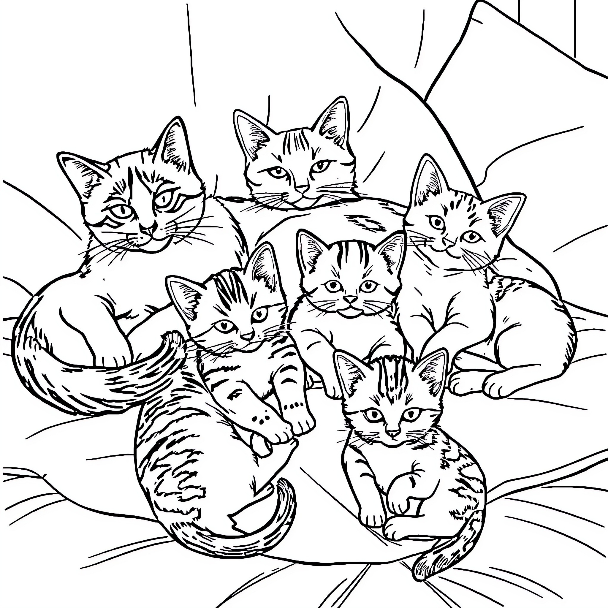 Cat Family Gathering Coloring Page (free black-and-white line drawing printable PDF for all, from beginners to advanced learners, including children, teens, adults, and seniors)