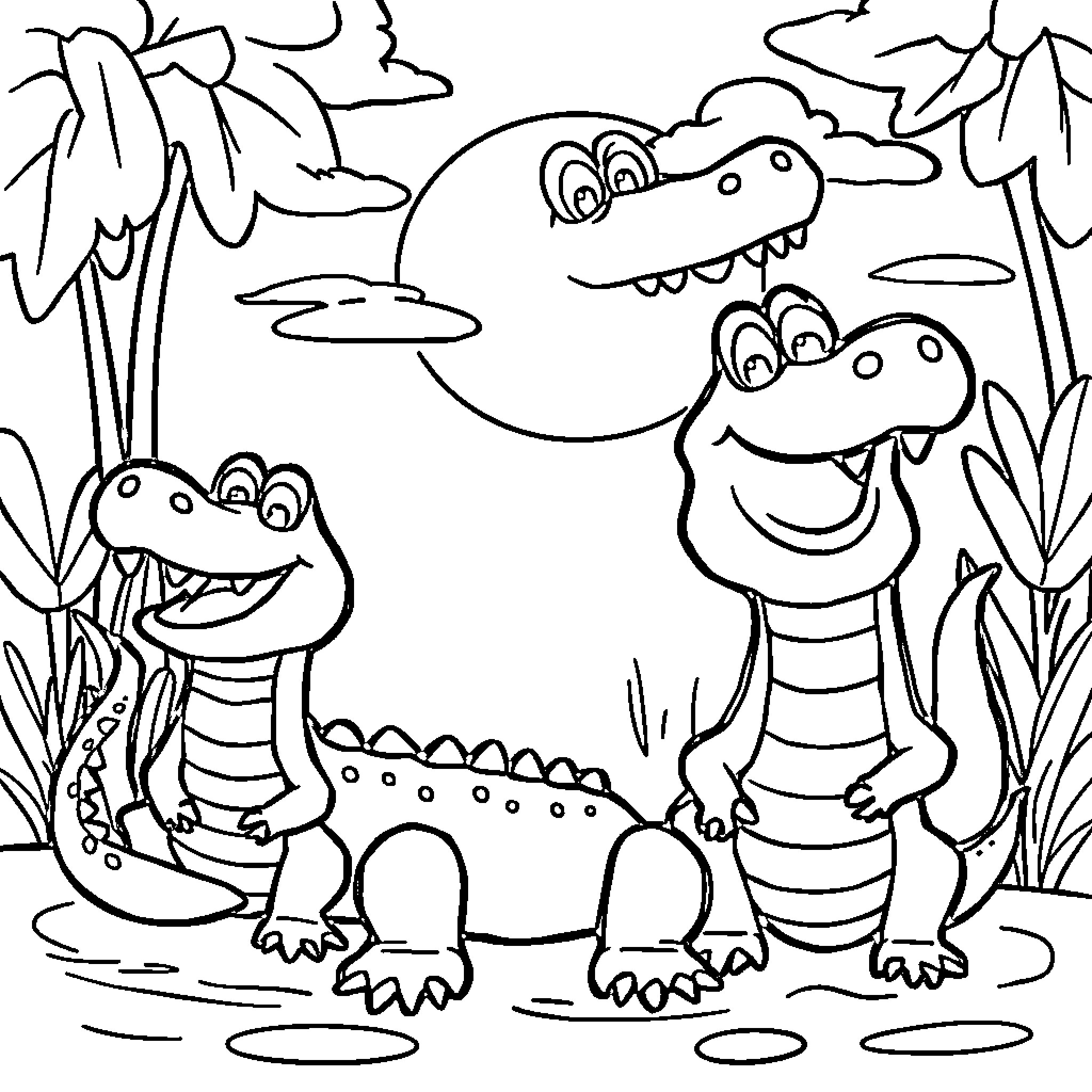 Alligators enjoying a peaceful day in the swamp Coloring Page (free black-and-white line drawing printable PDF for all, from beginners to advanced learners, including children, teens, adults, and seniors)