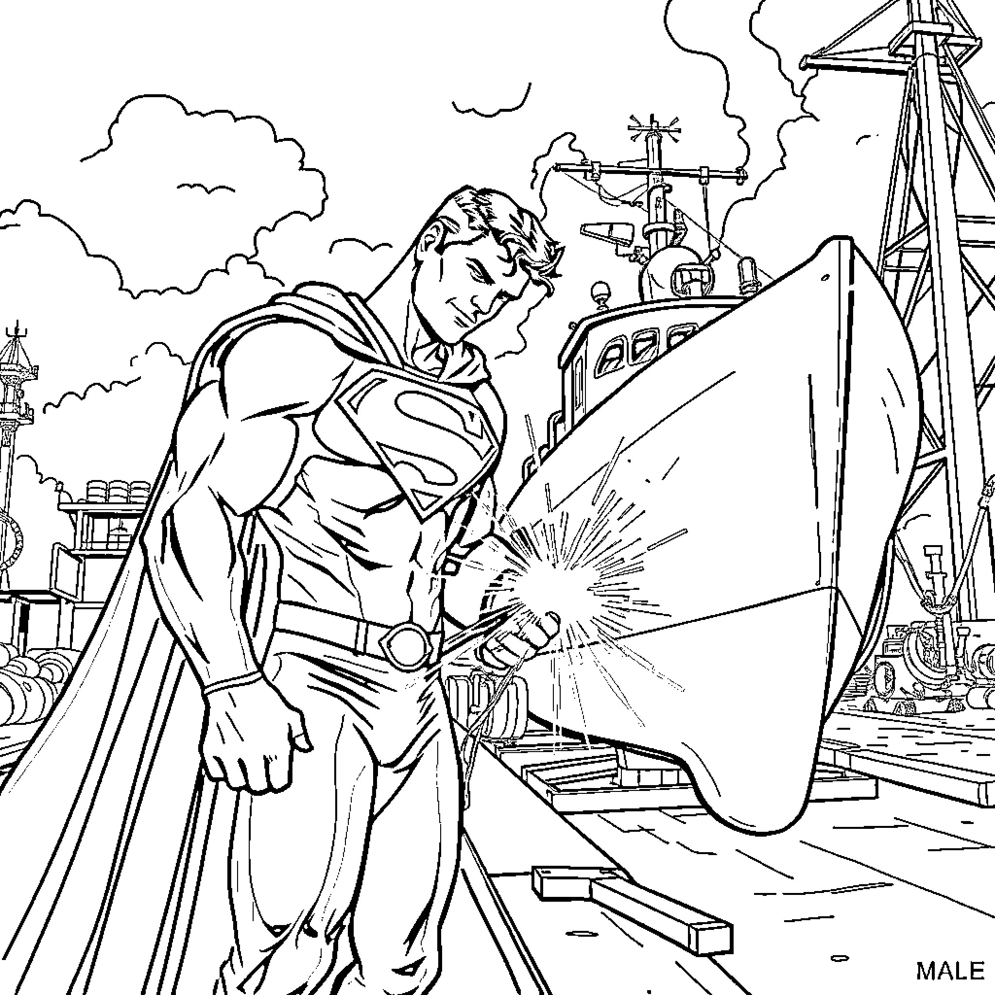 Superman repairing a large machine Coloring Page (free black-and-white line drawing printable PDF for all, from beginners to advanced learners, including children, teens, adults, and seniors)