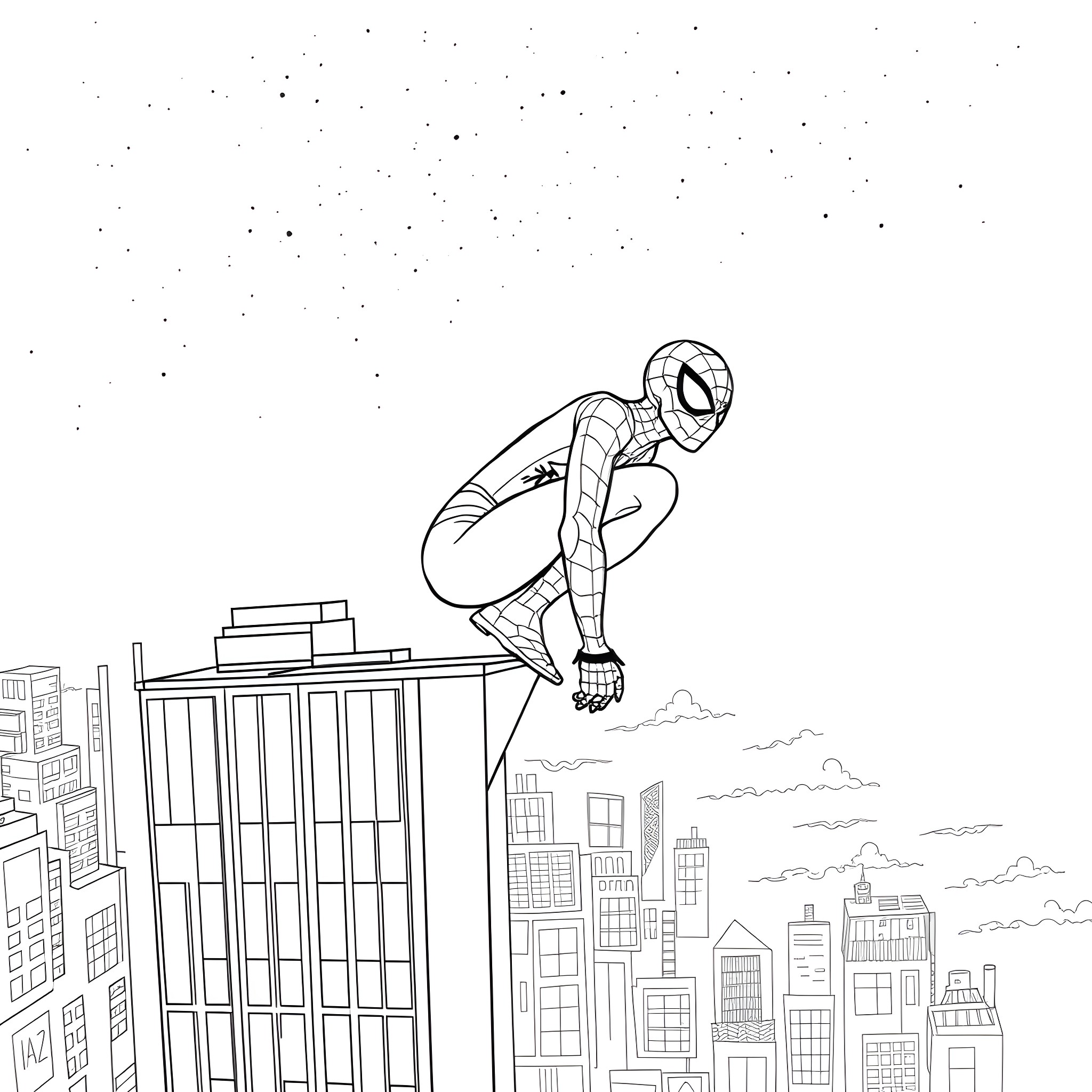 Spiderman scaling skyscrapers in the city Coloring Page (free black-and-white line drawing printable PDF for all, from beginners to advanced learners, including children, teens, adults, and seniors)