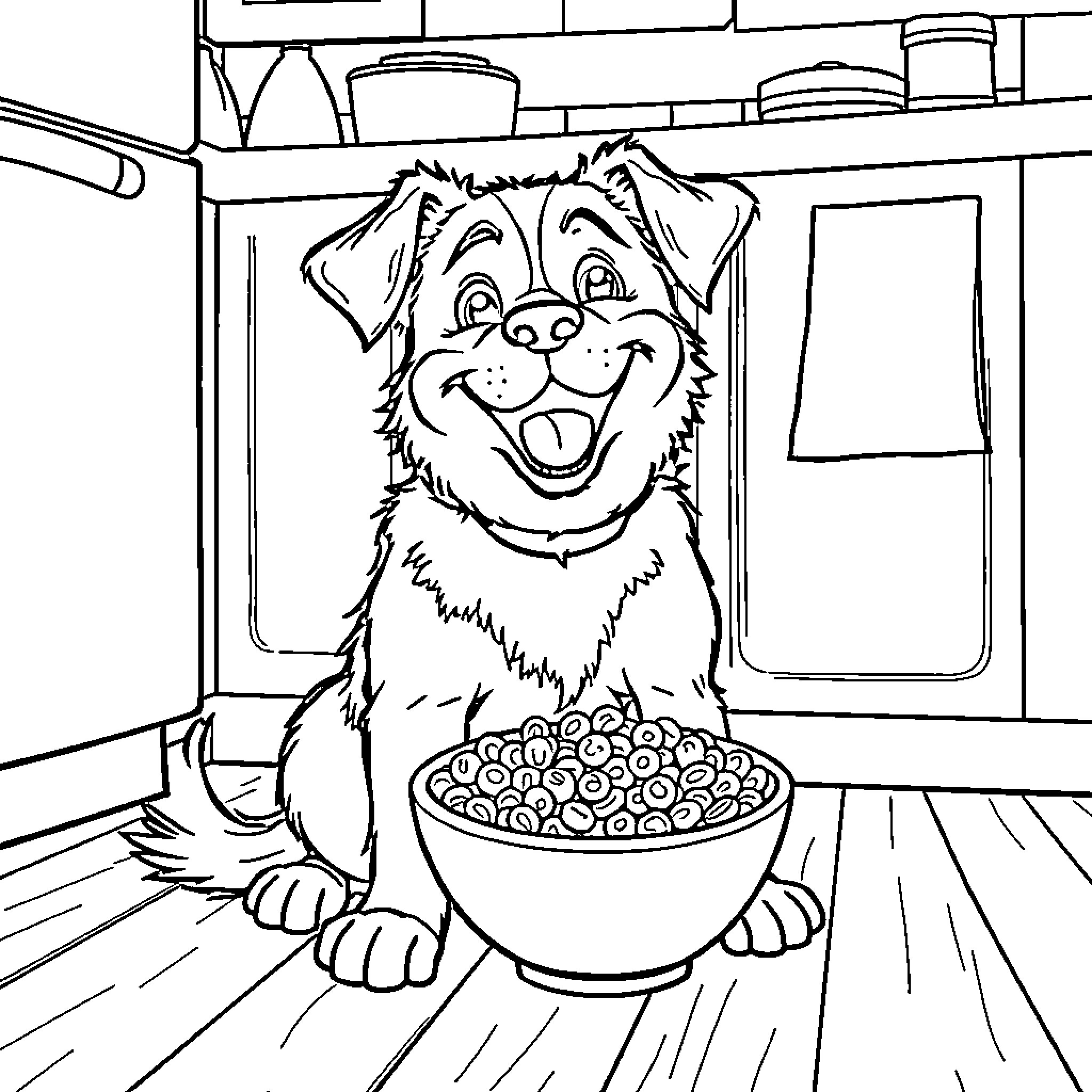 Dog enjoying a bowl of treats in the kitchen Coloring Page (free black-and-white line drawing printable PDF for all, from beginners to advanced learners, including children, teens, adults, and seniors)
