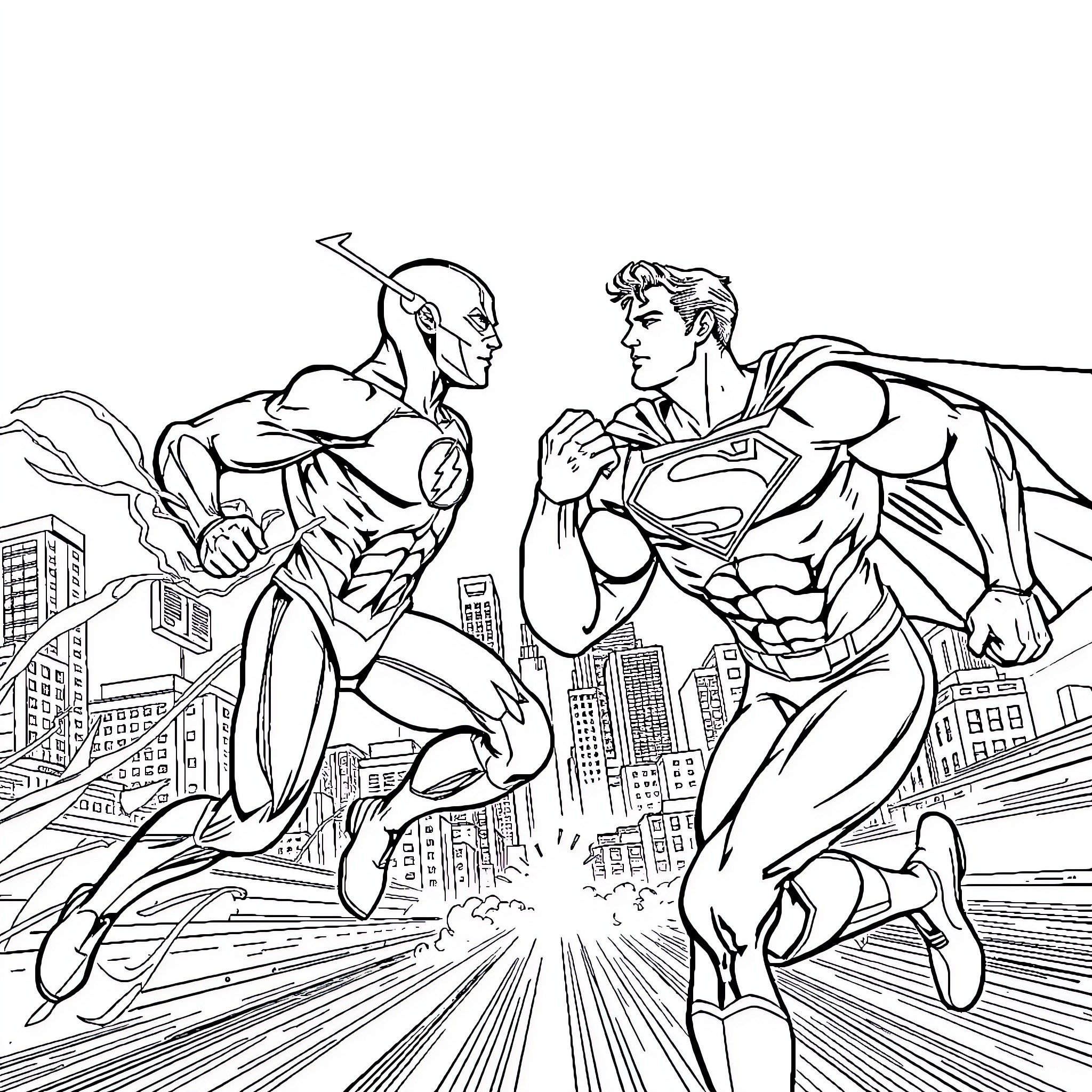Flash of Heroic Encounter in the City Coloring Page (free black-and-white line drawing printable PDF for all, from beginners to advanced learners, including children, teens, adults, and seniors)