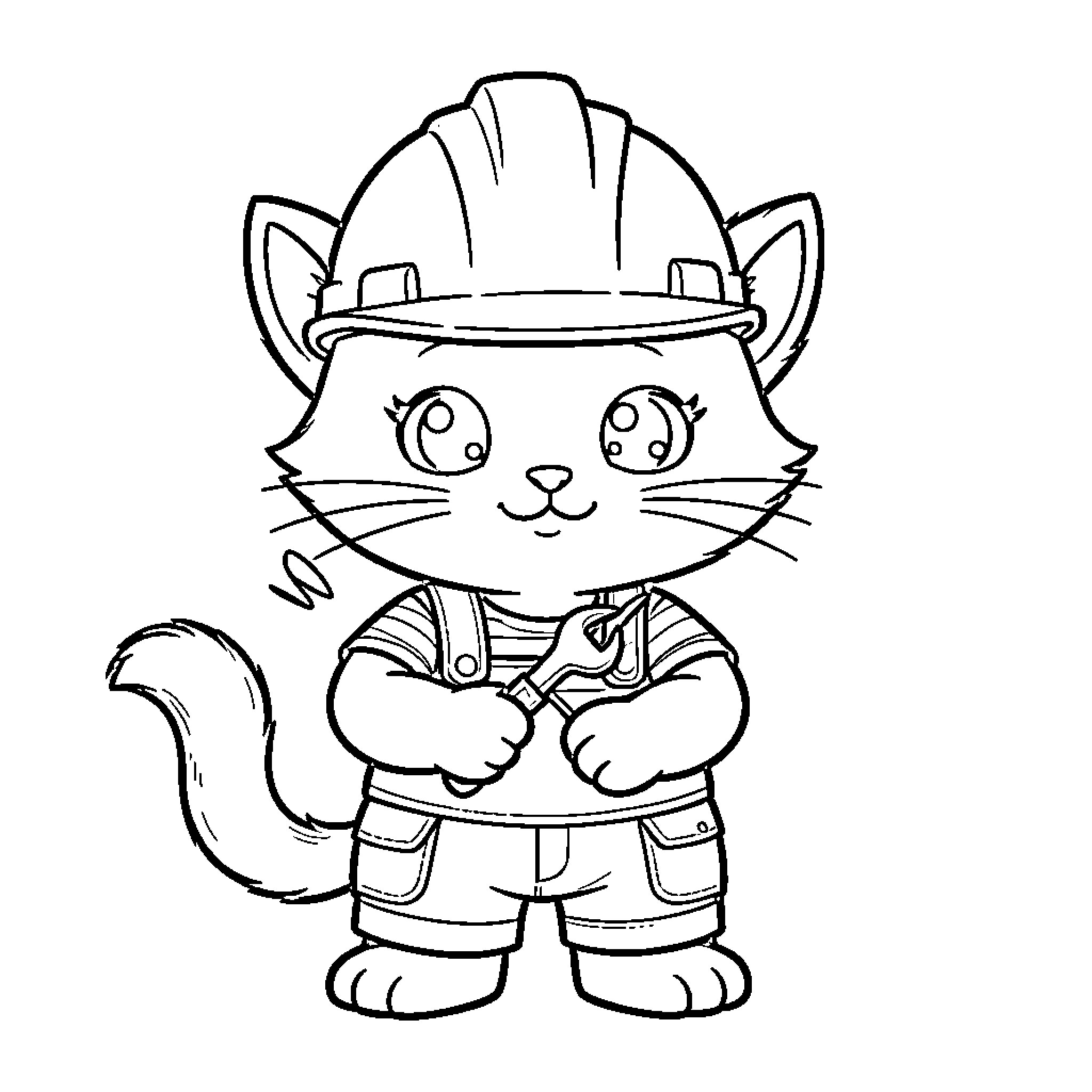 Kitten wearing a hard hat and holding a wrench Coloring Page (free black-and-white line drawing printable PDF for all, from beginners to advanced learners, including children, teens, adults, and seniors)