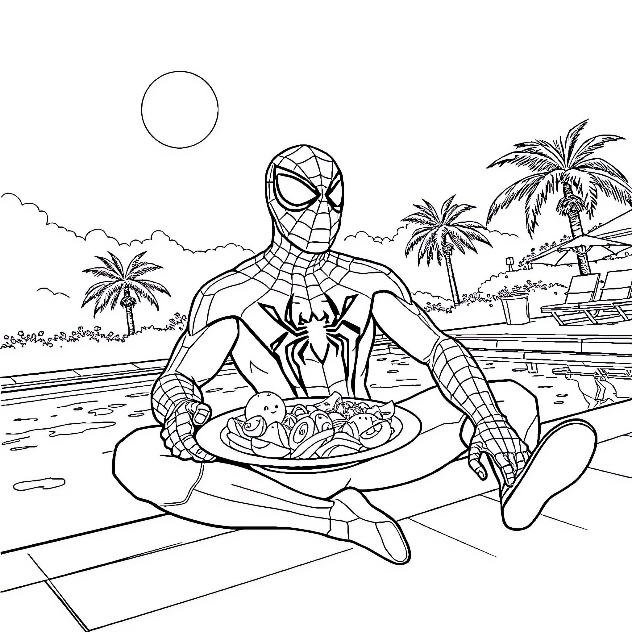 Spiderman relaxing on the beach with snacks Coloring Page (free black-and-white line drawing printable PDF for all, from beginners to advanced learners, including children, teens, adults, and seniors)