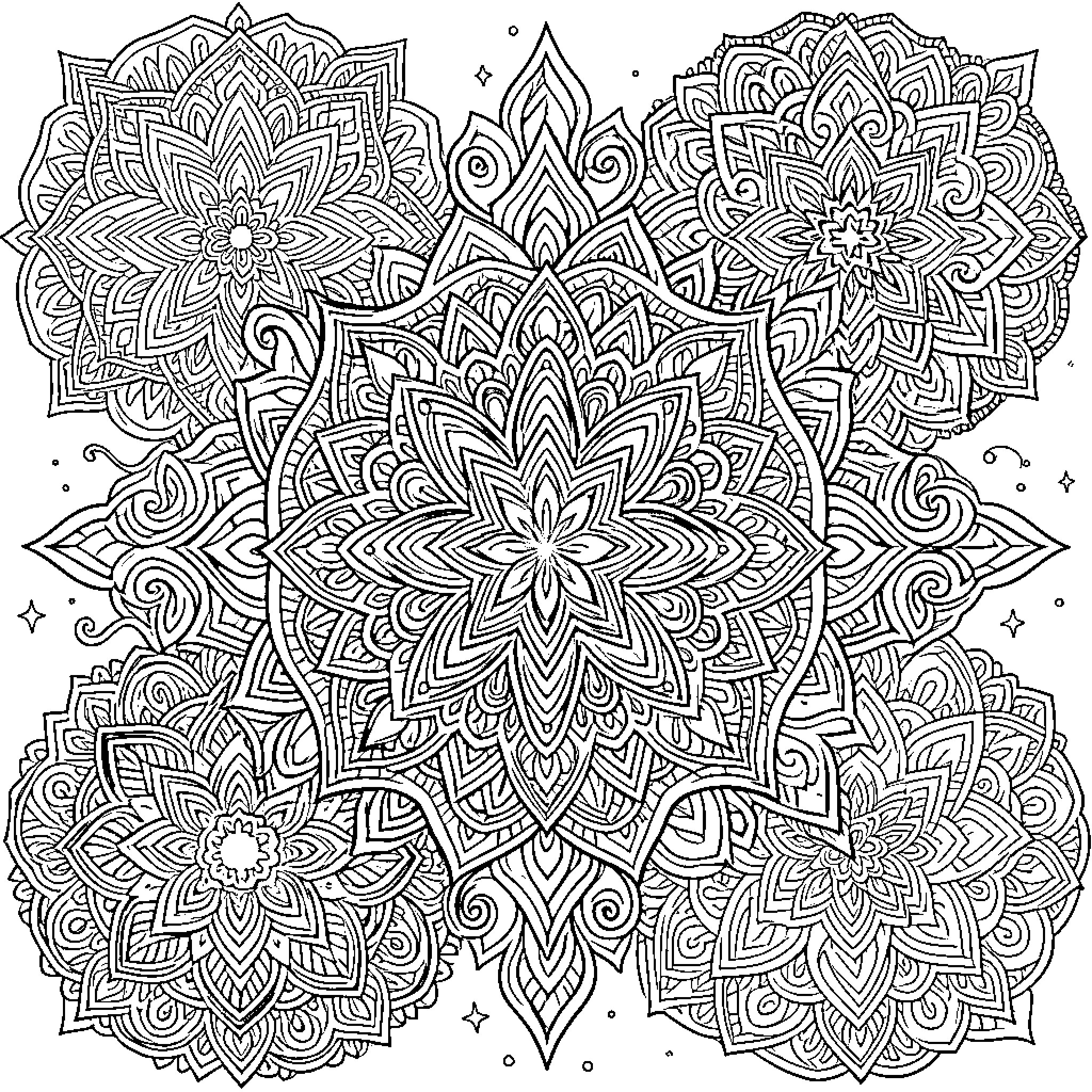 Mandala of Intricate Floral Patterns Coloring Page (free black-and-white line drawing printable PDF for all, from beginners to advanced learners, including children, teens, adults, and seniors)